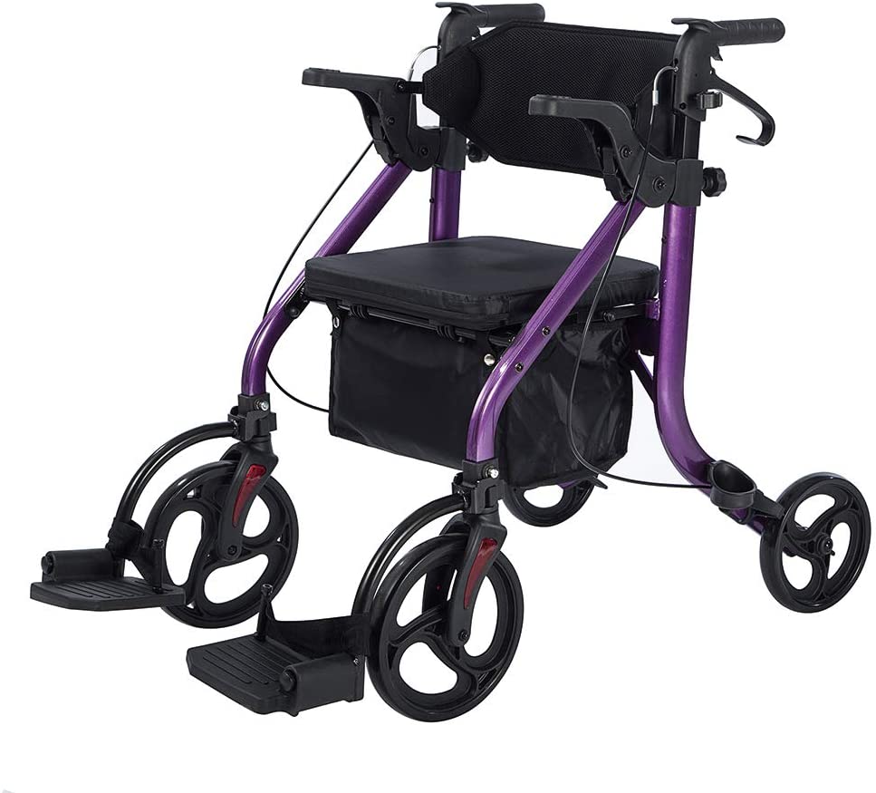 KLD-9269 ELENKER® 2 in 1 Rollator Walker & Transport Chair Folding Wheelchair Rolling Mobility Walking Aid with Seat Belt Padded Seat and Detachable Footrests for Adult NEW