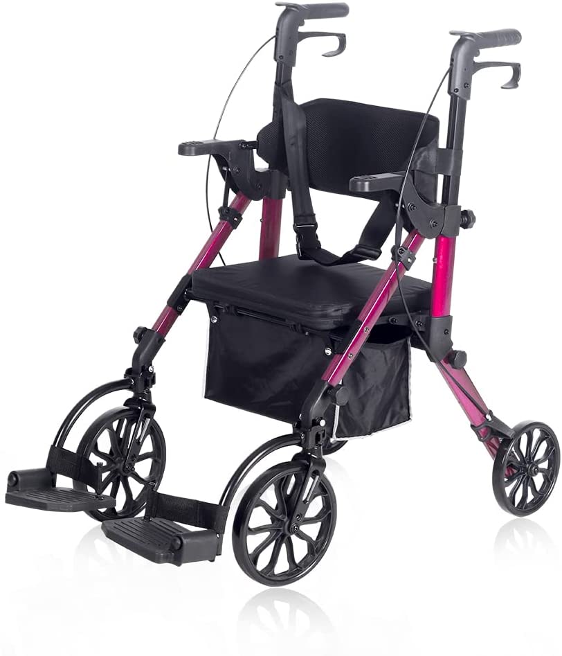 KLD-9269 ELENKER® 2 in 1 Rollator Walker & Transport Chair Folding Wheelchair Rolling Mobility Walking Aid with Seat Belt Padded Seat and Detachable Footrests for Adult NEW