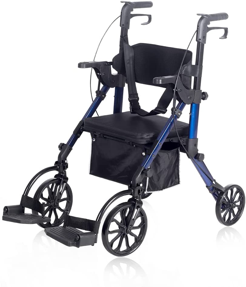 KLD-9269 ELENKER® 2 in 1 Rollator Walker & Transport Chair Folding Wheelchair Rolling Mobility Walking Aid with Seat Belt Padded Seat and Detachable Footrests for Adult NEW
