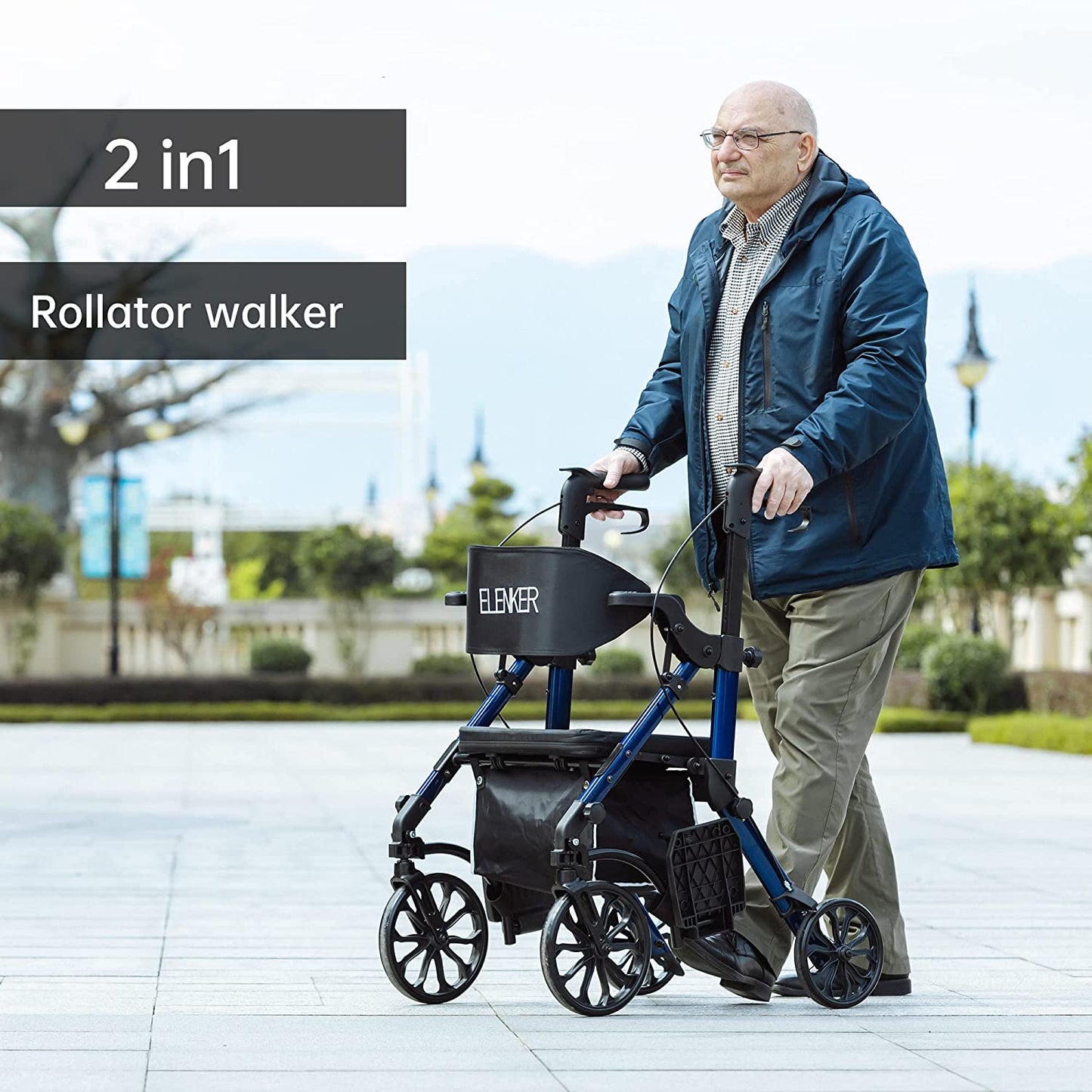 KLD-9269 ELENKER® 2 in 1 Rollator Walker & Transport Chair Folding Wheelchair Rolling Mobility Walking Aid with Seat Belt Padded Seat and Detachable Footrests for Adult NEW