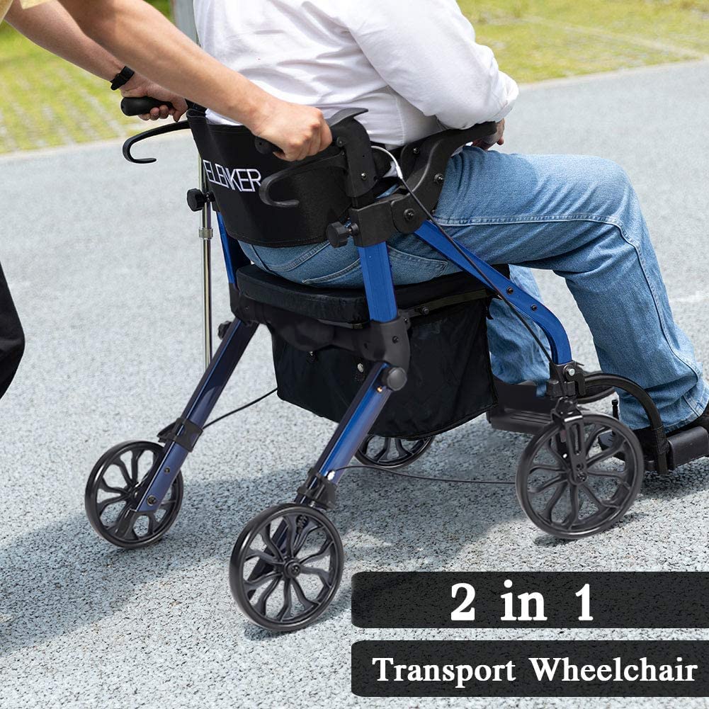 KLD-9269 ELENKER® 2 in 1 Rollator Walker & Transport Chair Folding Wheelchair Rolling Mobility Walking Aid with Seat Belt Padded Seat and Detachable Footrests for Adult NEW