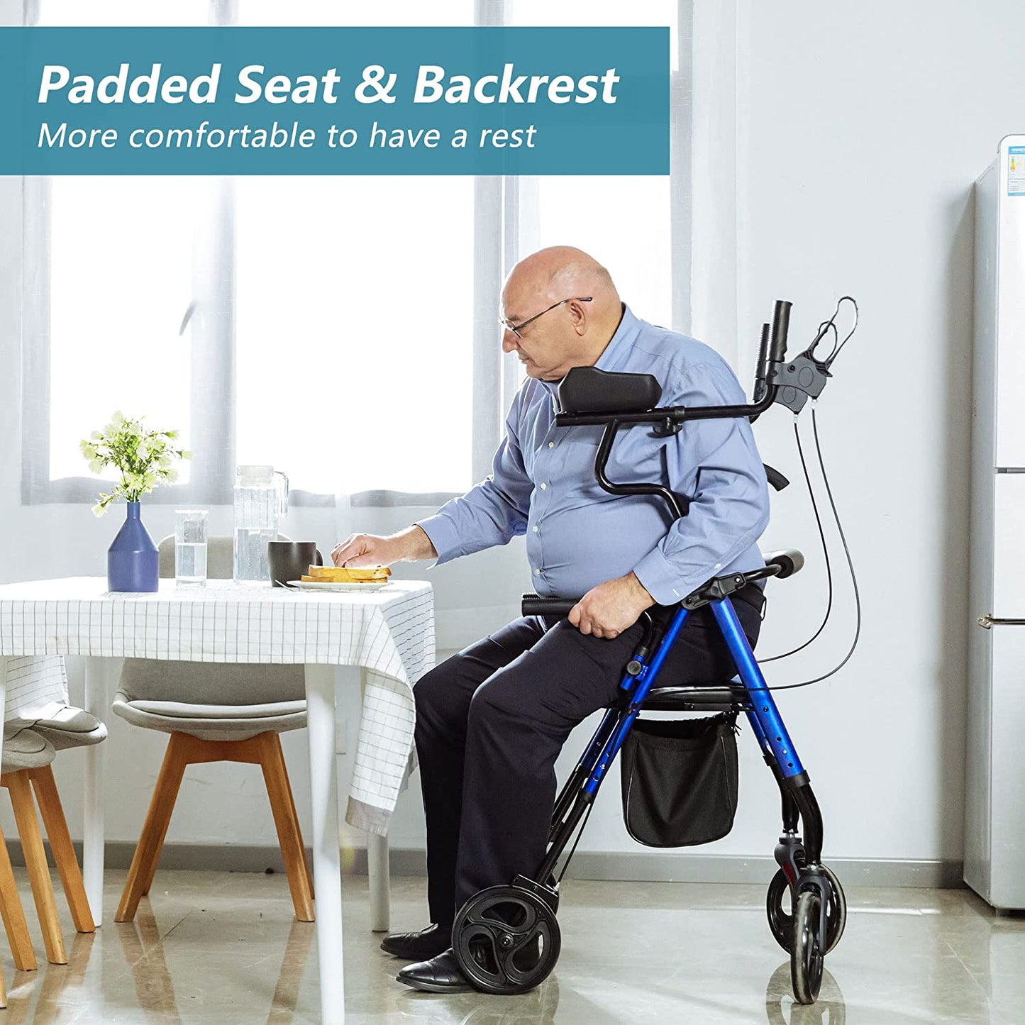 ELENKER® MT-8151 Upright Walker Stand Up Rollator Walker with Padded Seat and Backrest Lightweight Compact Folding Fully Adjustment Frame for Seniors NEW