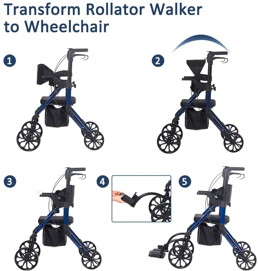 KLD-9269 ELENKER® 2 in 1 Rollator Walker & Transport Chair Folding Wheelchair Rolling Mobility Walking Aid with Seat Belt Padded Seat and Detachable Footrests for Adult NEW
