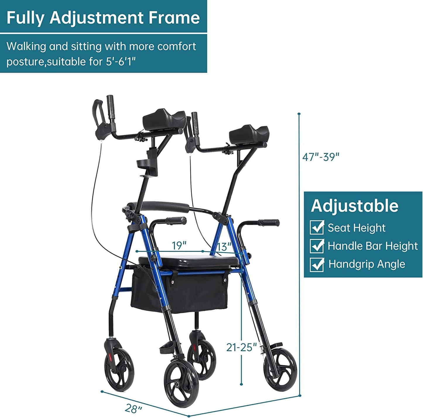 ELENKER® MT-8151 Upright Walker Stand Up Rollator Walker with Padded Seat and Backrest Lightweight Compact Folding Fully Adjustment Frame for Seniors NEW