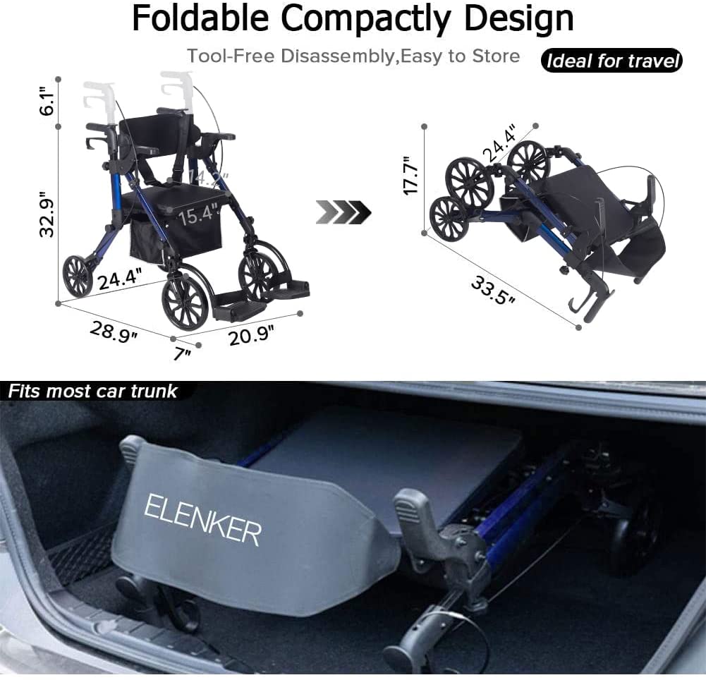 KLD-9269 ELENKER® 2 in 1 Rollator Walker & Transport Chair Folding Wheelchair Rolling Mobility Walking Aid with Seat Belt Padded Seat and Detachable Footrests for Adult NEW