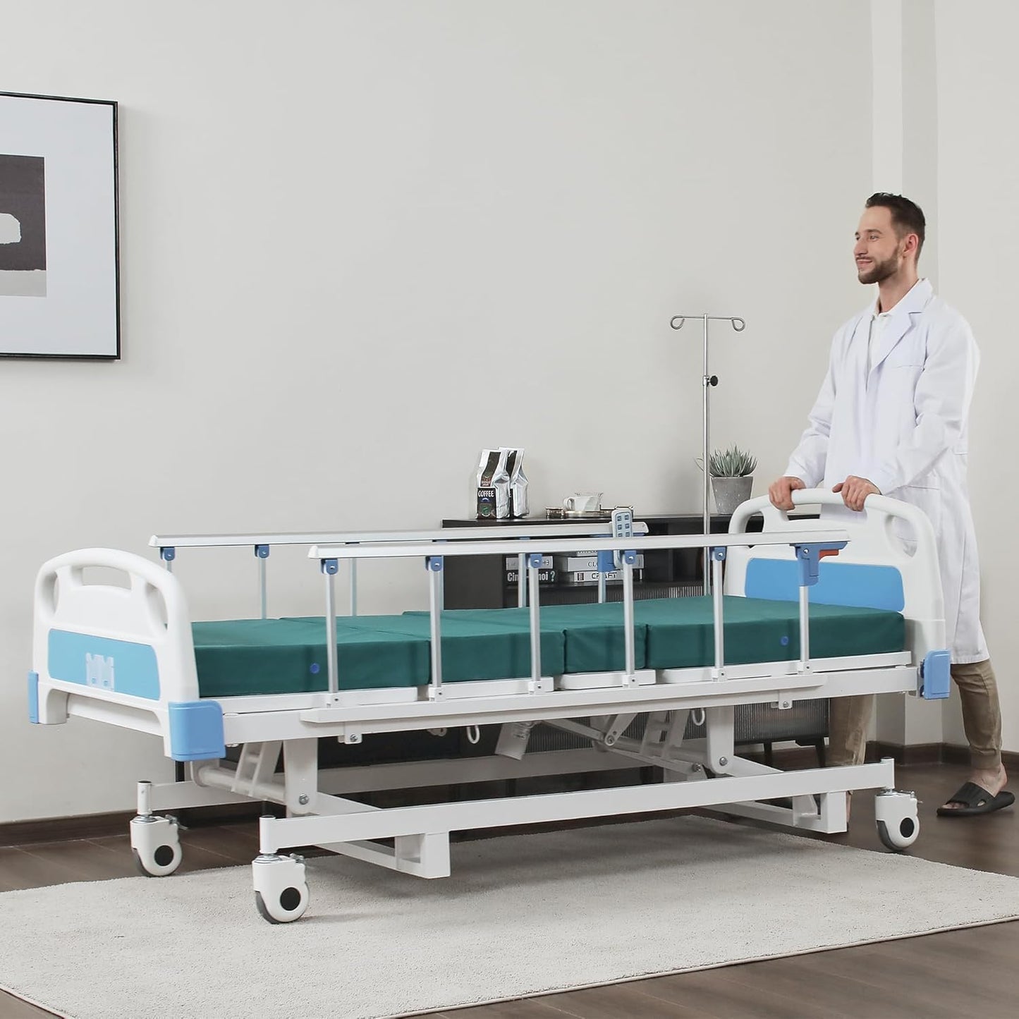 ZENART Multiple Functions Full Electric Hospital Bed ICU Bed for Home and Hospital use with Thick Mattress & IV Pole