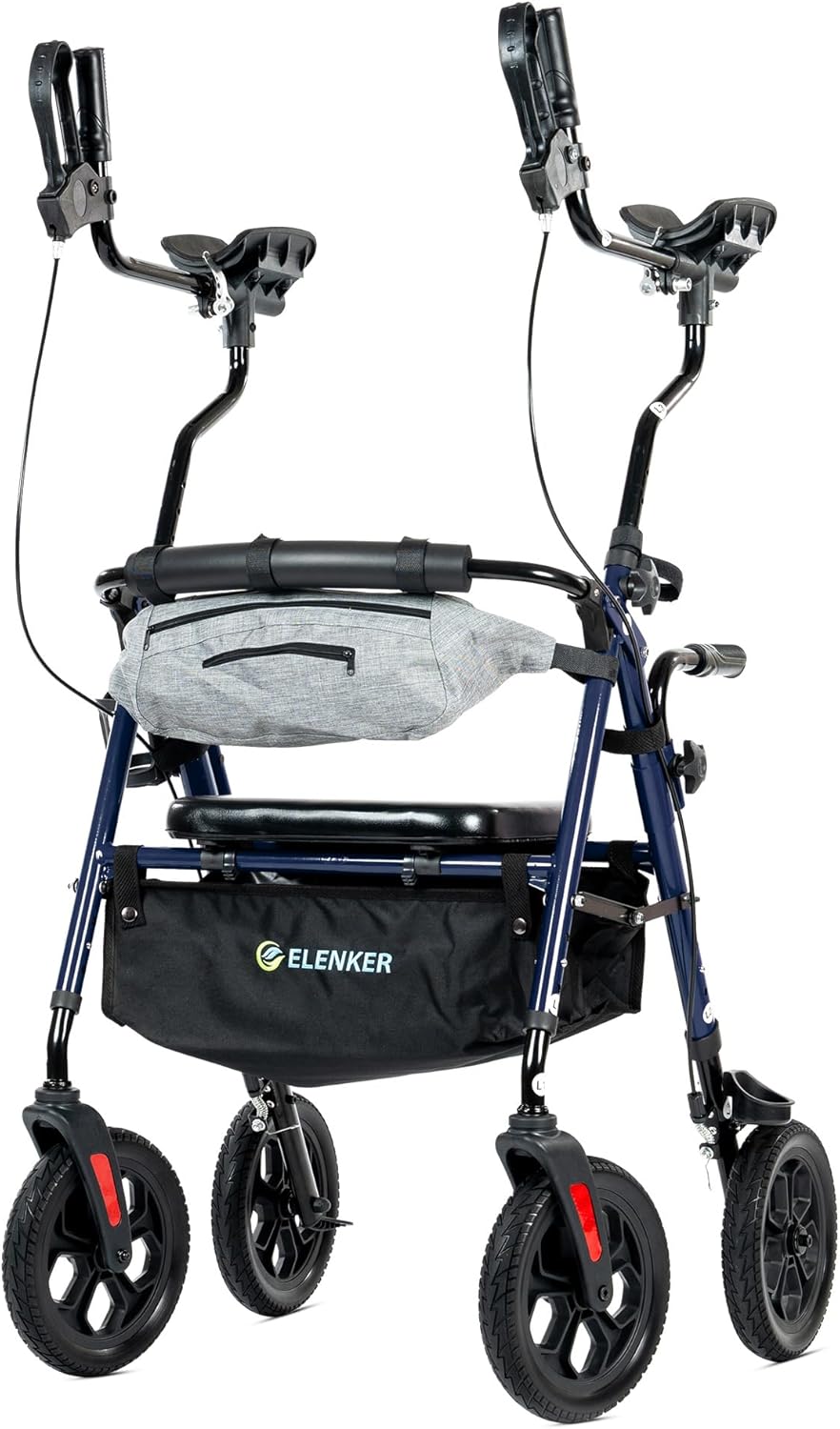 ELENKER All Terrain Upright Rollator Walker with Seat, Foldable Stand Up Walkers for Seniors with Armrest, Front Pouch, 10” Wheels, Fully Adjustment Frame