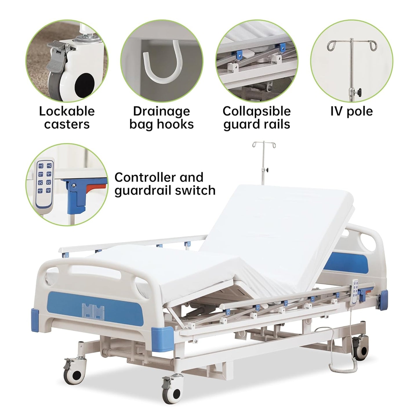 ZENART Multiple Functions Full Electric Hospital Bed ICU Bed for Home and Hospital use with Thick Mattress & IV Pole