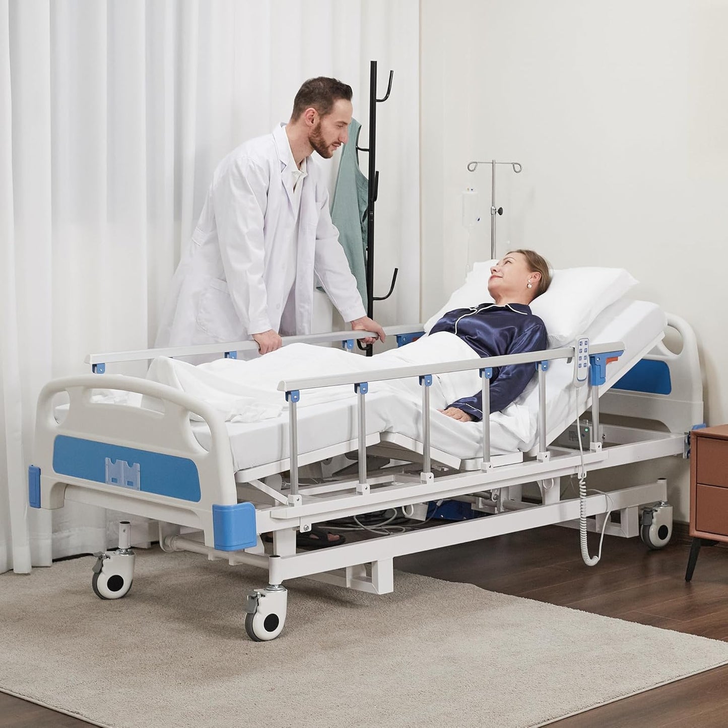 ZENART Multiple Functions Full Electric Hospital Bed ICU Bed for Home and Hospital use with Thick Mattress & IV Pole