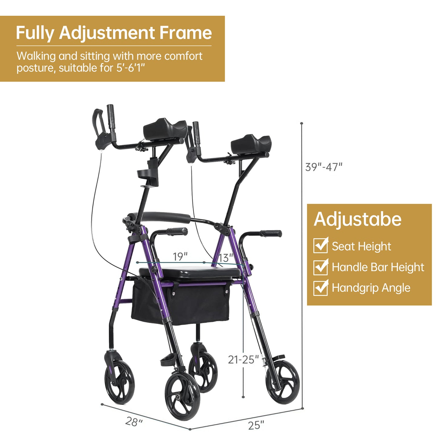 ZENART Upright Rollator Walkers for Seniors, Foldable Stand up Rolling Mobility aids with Padded Seat