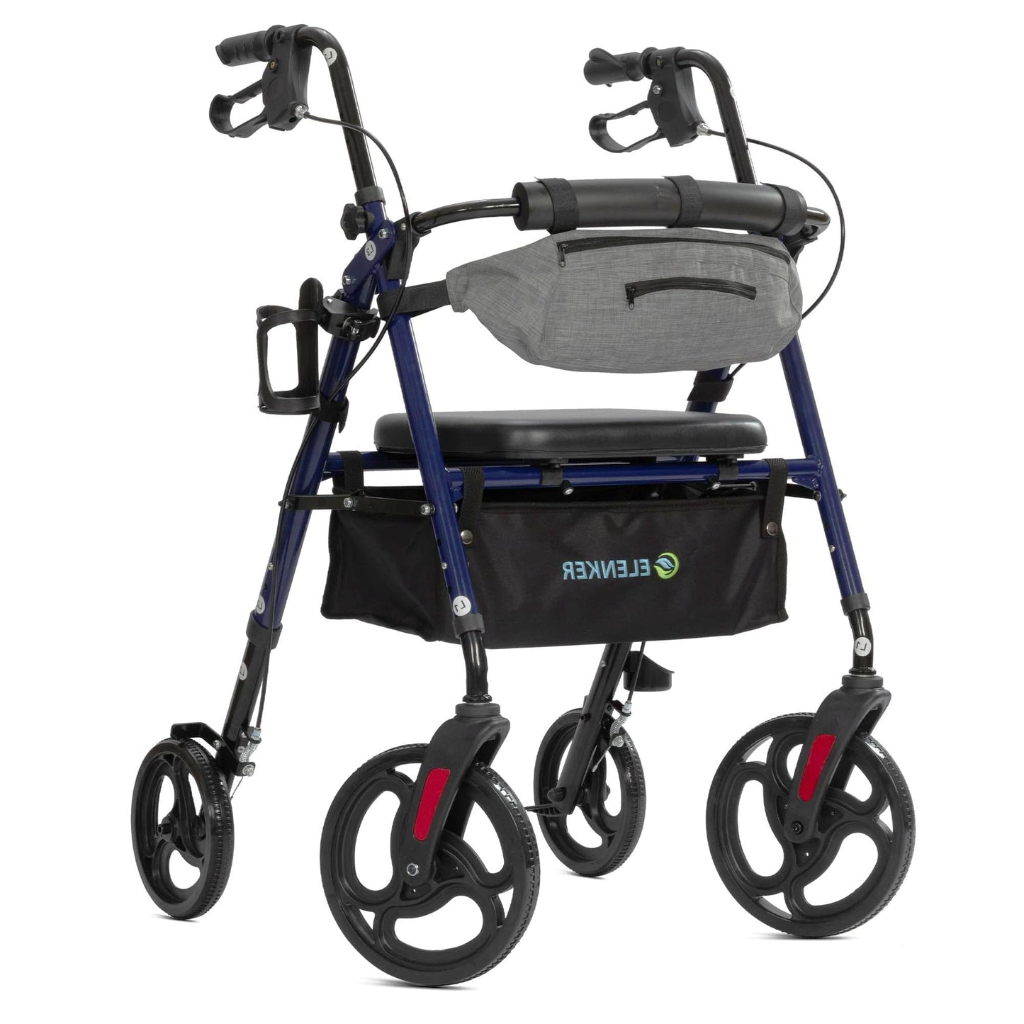 ELENKER® YF-9007C Rollator Walker with Front Pouch, 10”Wheels, Sponge Padded Seat and Backrest, Fully Adjustment Frame for Seniors, Red