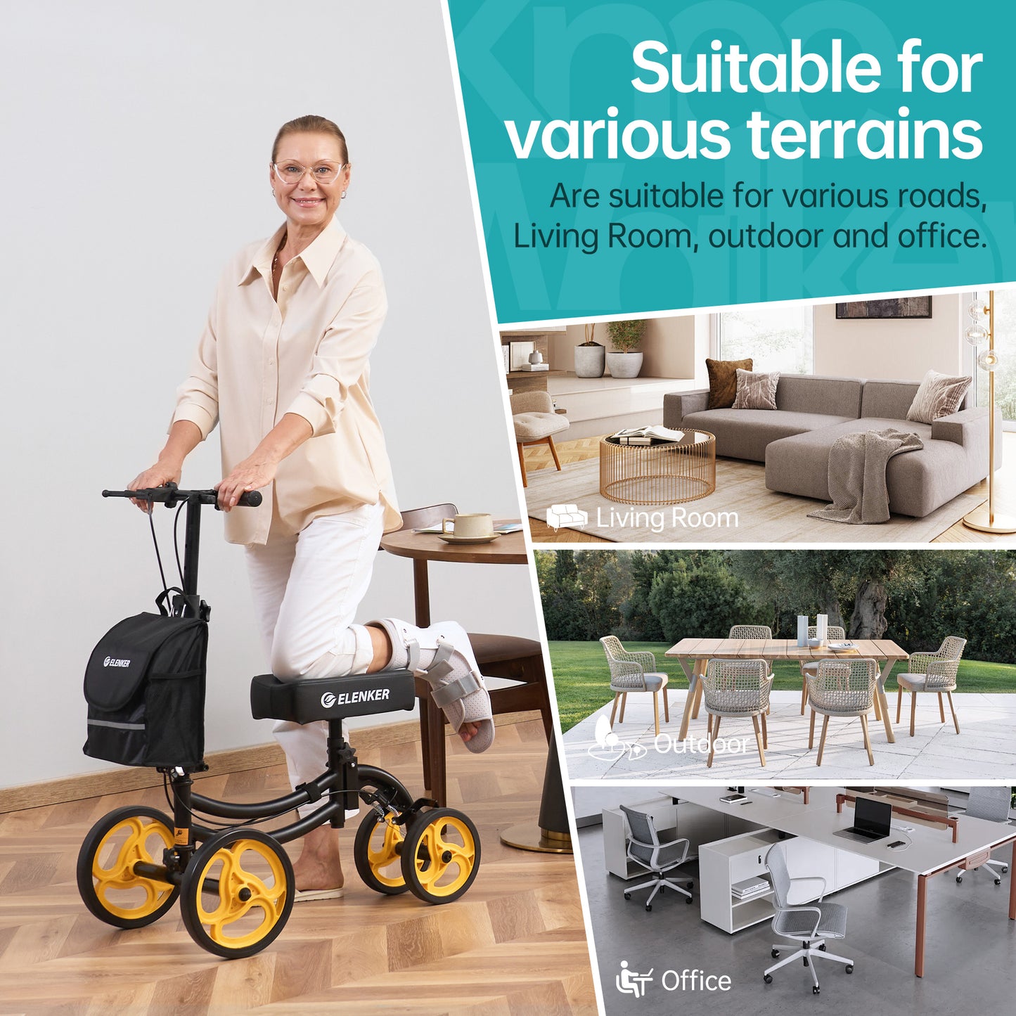 ELENKER Steerable Knee Scooter, Medical Walker for Foot Surgery Injuries, Crutch Alternative