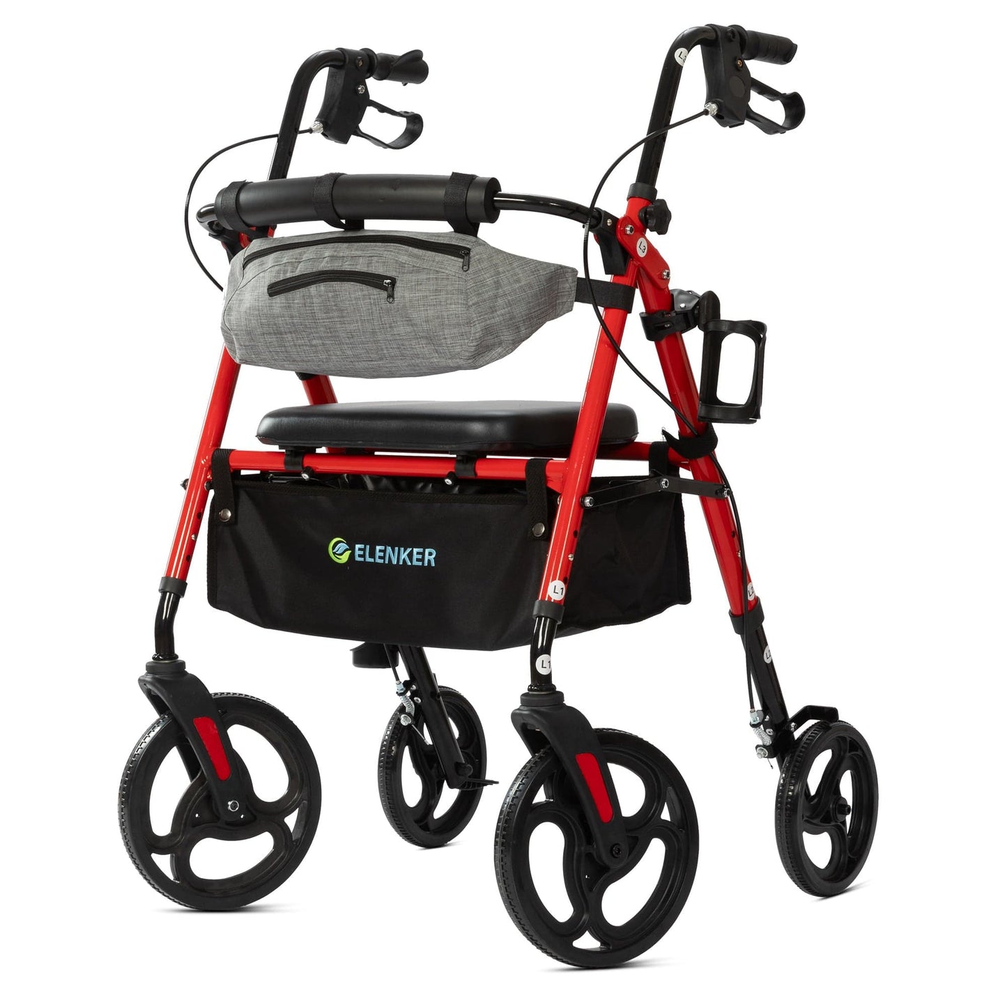 ELENKER® YF-9007C Rollator Walker with Front Pouch, 10”Wheels, Sponge Padded Seat and Backrest, Fully Adjustment Frame for Seniors, Red
