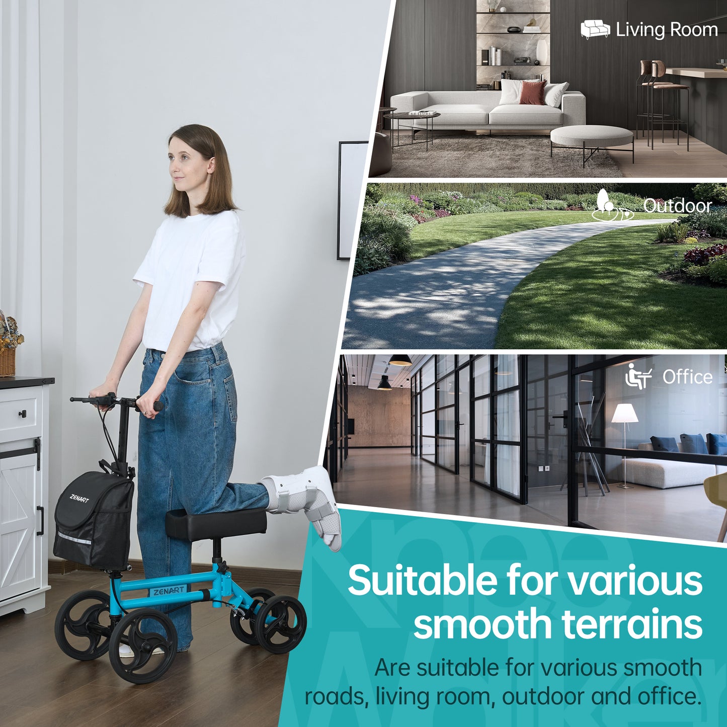 ZENART Steerable Knee Scooter Foldable Walker for Foot Surgery Adult Crutch Alternative