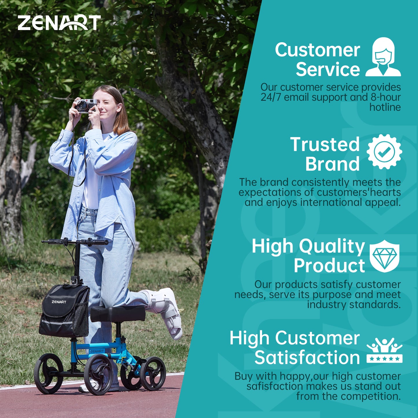 ZENART Steerable Knee Scooter Foldable Walker for Foot Surgery Adult Crutch Alternative
