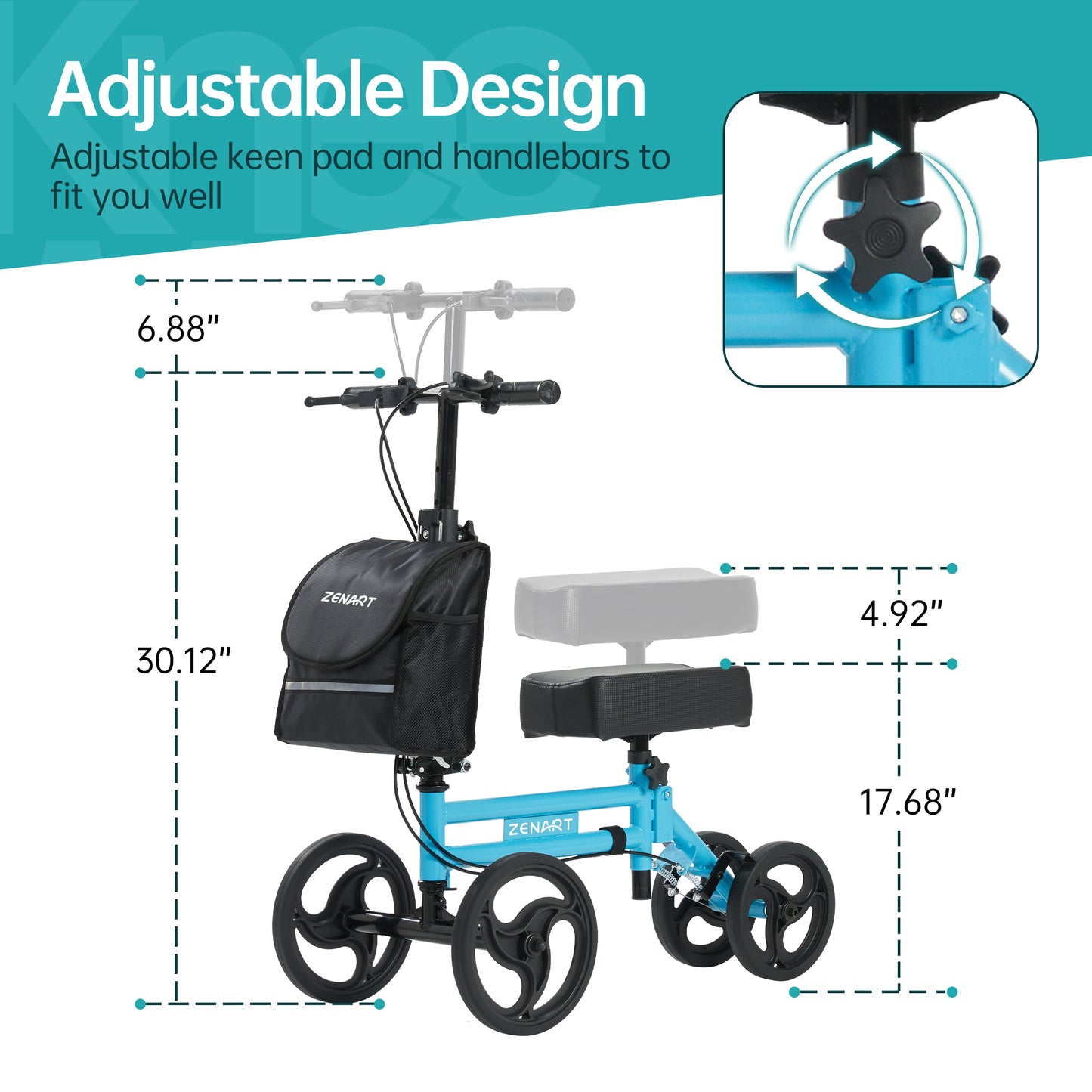 ZENART Steerable Knee Scooter Foldable Walker for Foot Surgery Adult Crutch Alternative