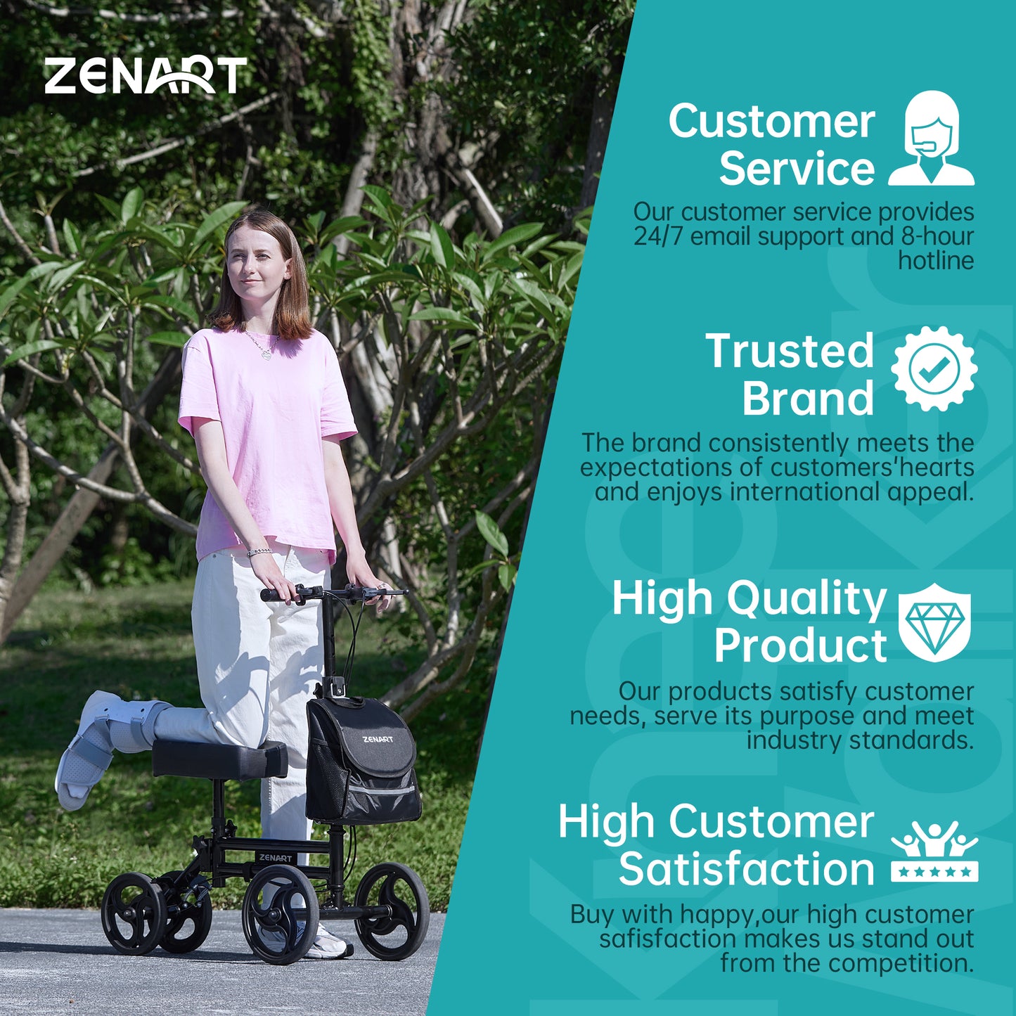 ZENART Steerable Knee Scooter Foldable Walker for Foot Surgery Adult Crutch Alternative