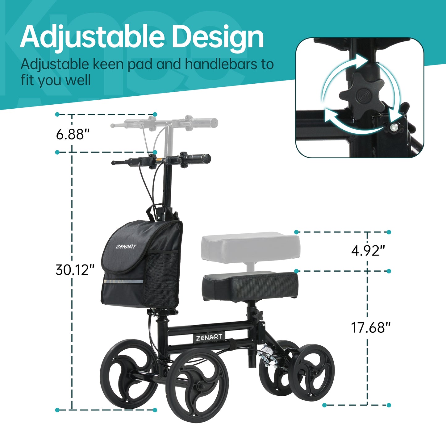 ZENART Steerable Knee Scooter Foldable Walker for Foot Surgery Adult Crutch Alternative