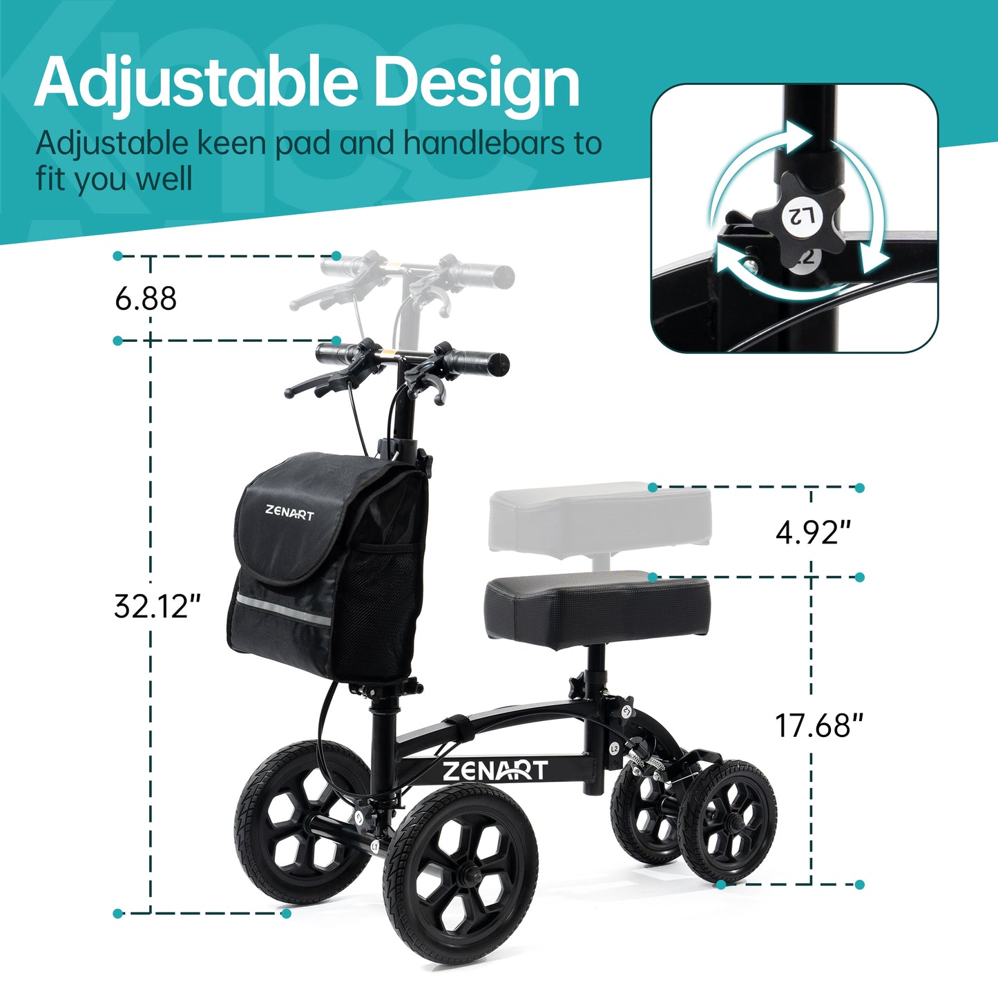 ZENART All-terrain Knee Scooter Foldable Walker for Foot Injuries Adult Crutch Alternative