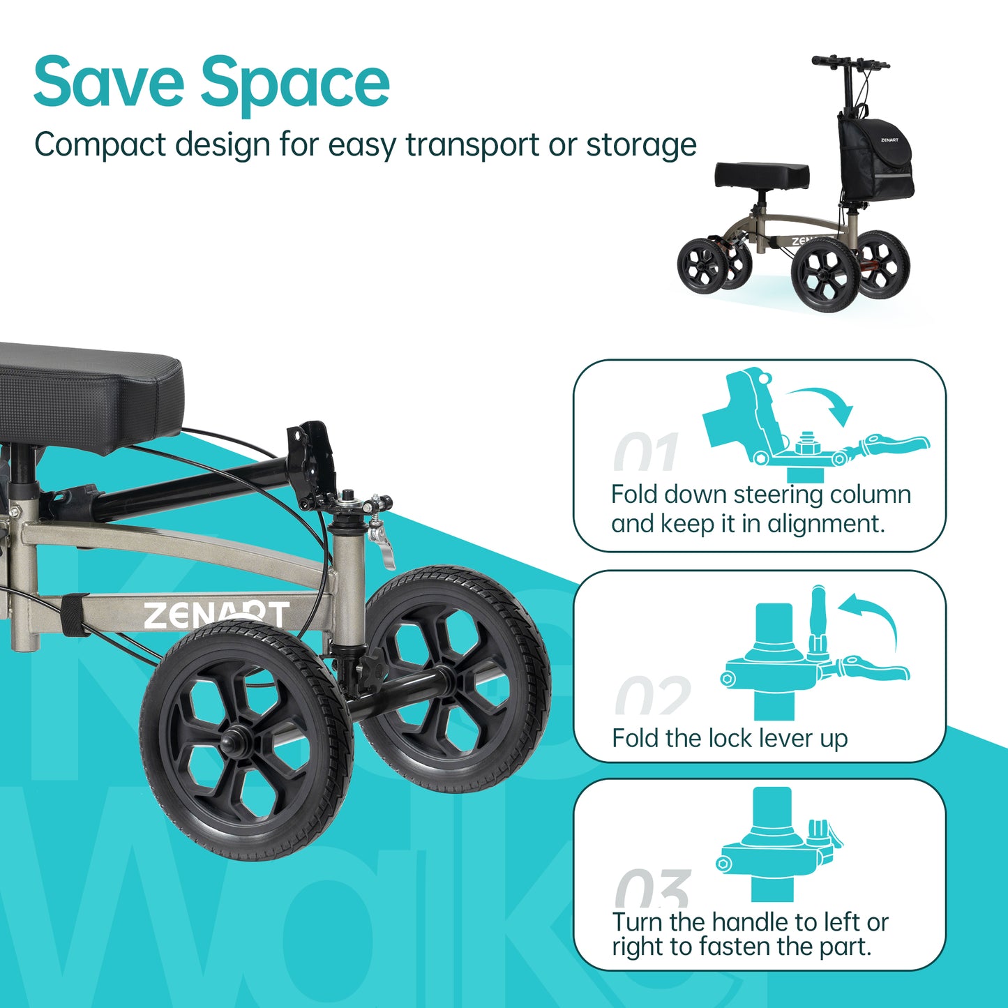 ZENART All-terrain Knee Scooter Foldable Walker for Foot Injuries Adult Crutch Alternative