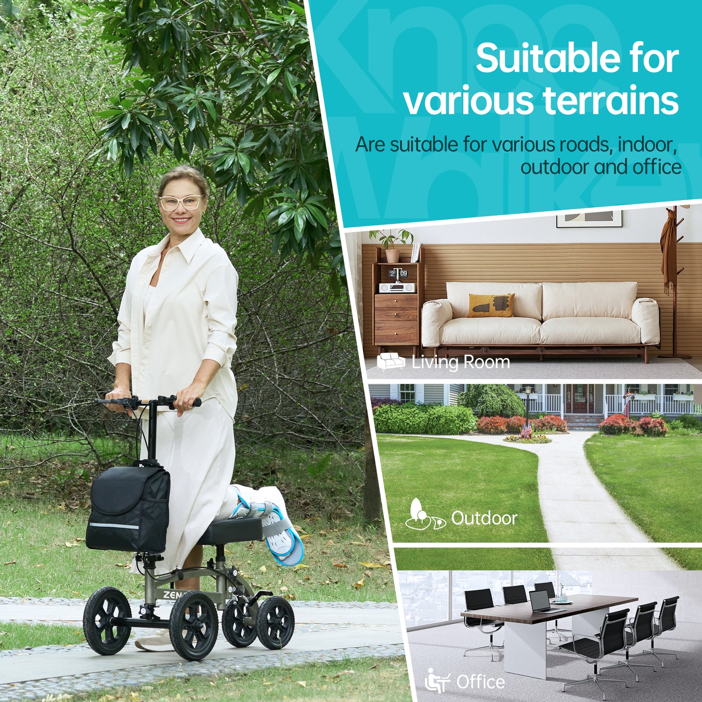 ZENART All-terrain Knee Scooter Foldable Walker for Foot Injuries Adult Crutch Alternative
