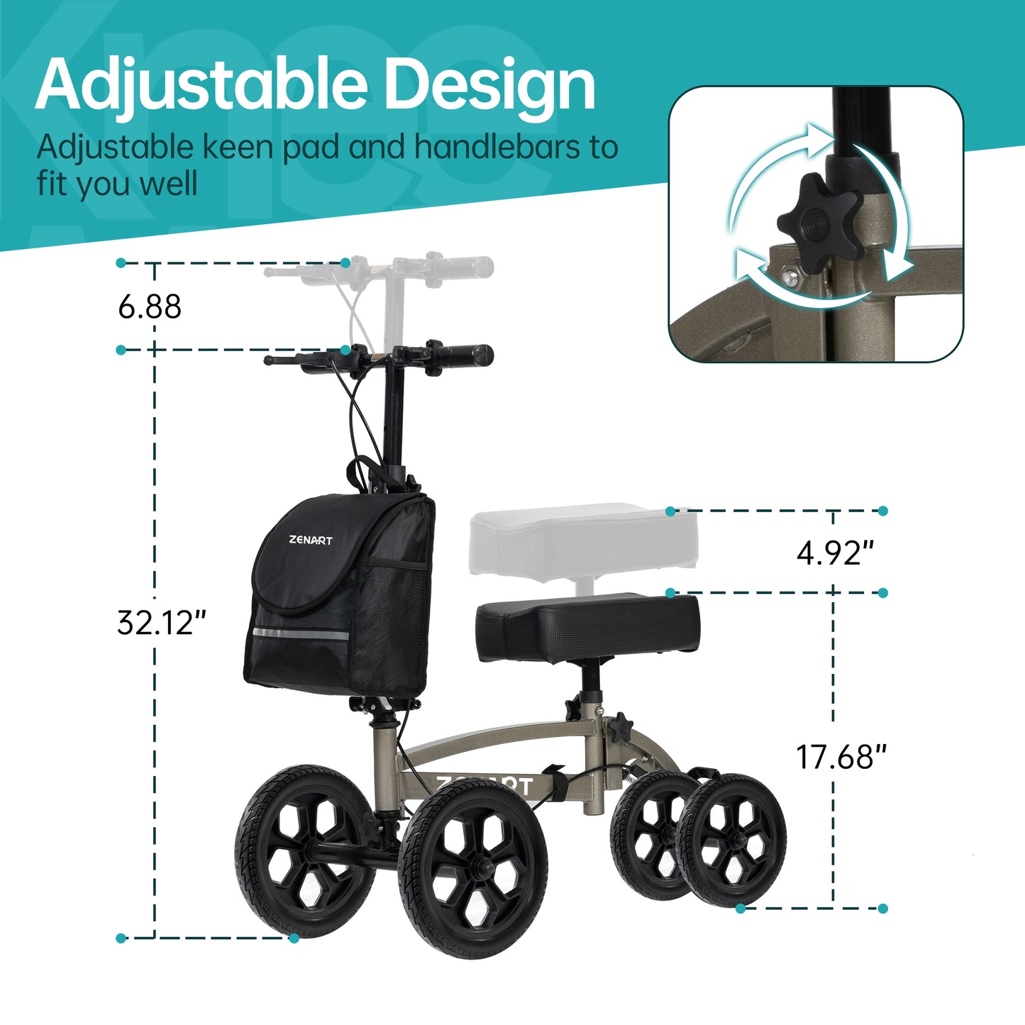 ZENART All-terrain Knee Scooter Foldable Walker for Foot Injuries Adult Crutch Alternative