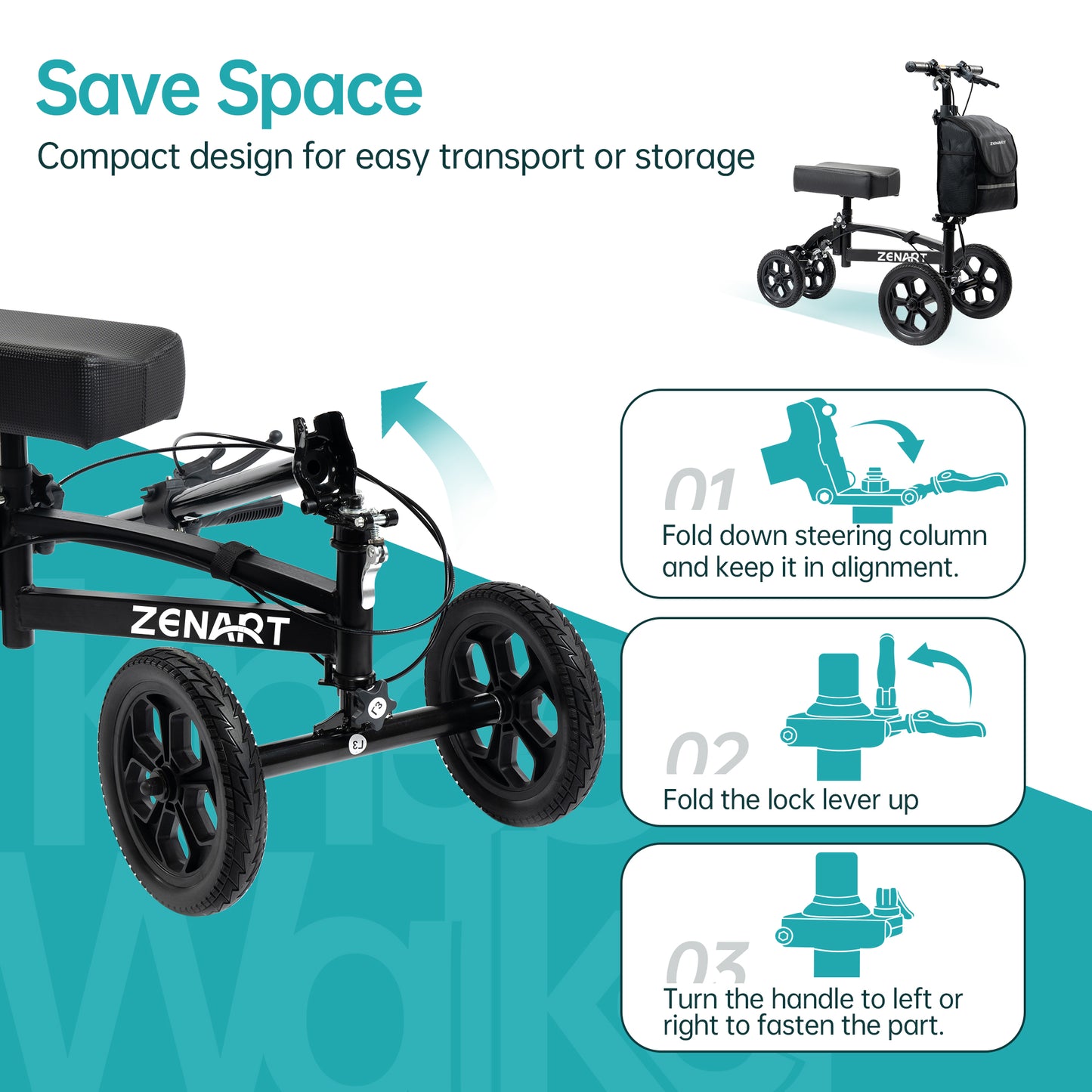 ZENART All-terrain Knee Scooter Foldable Walker for Foot Injuries Adult Crutch Alternative