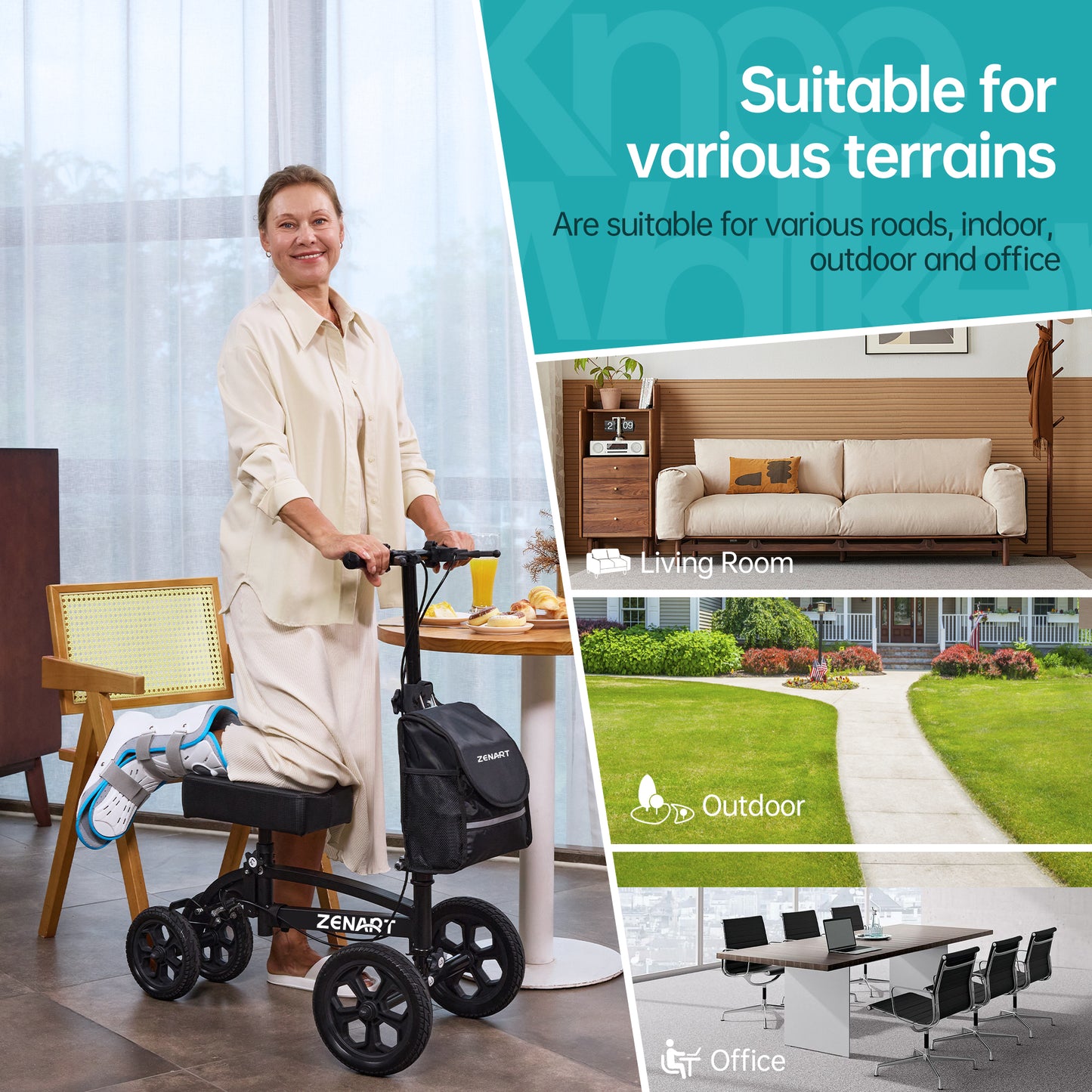 ZENART All-terrain Knee Scooter Foldable Walker for Foot Injuries Adult Crutch Alternative