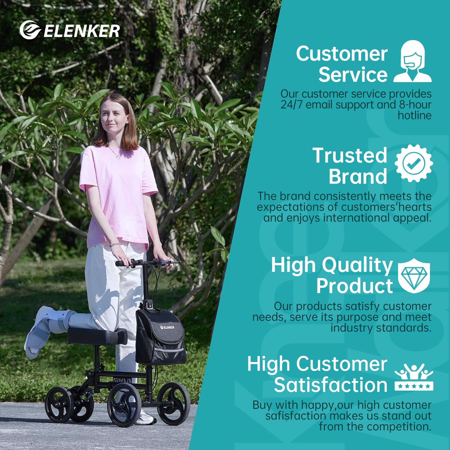 Elenker Knee Scooter with Basket Dual Braking System for Ankle and Foot Injured Bright Black