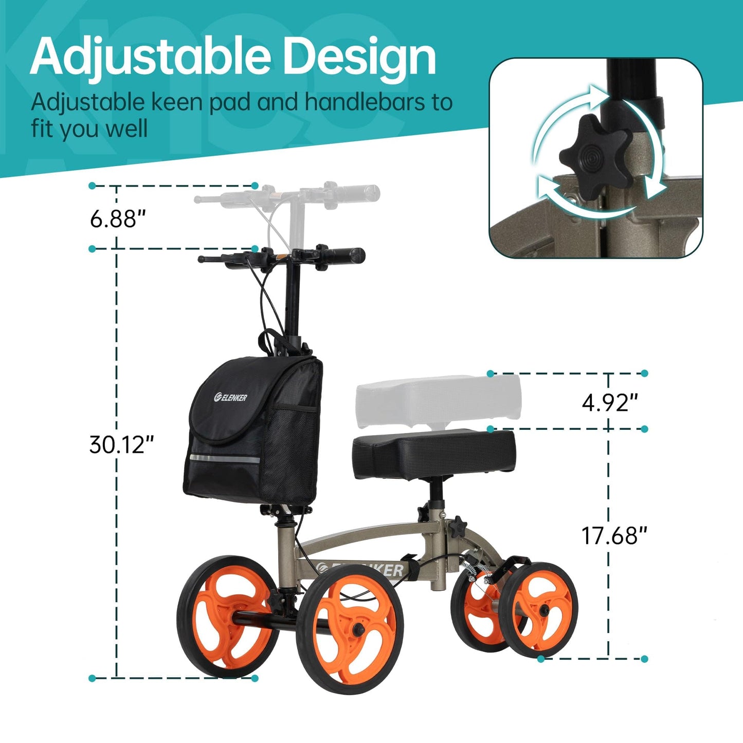 YF-9010A Steerable Knee Scooter, Foldable Knee Walker with Basket Dual Braking System Knee Scooters for or Angle and Injured Foot Broken Champagne