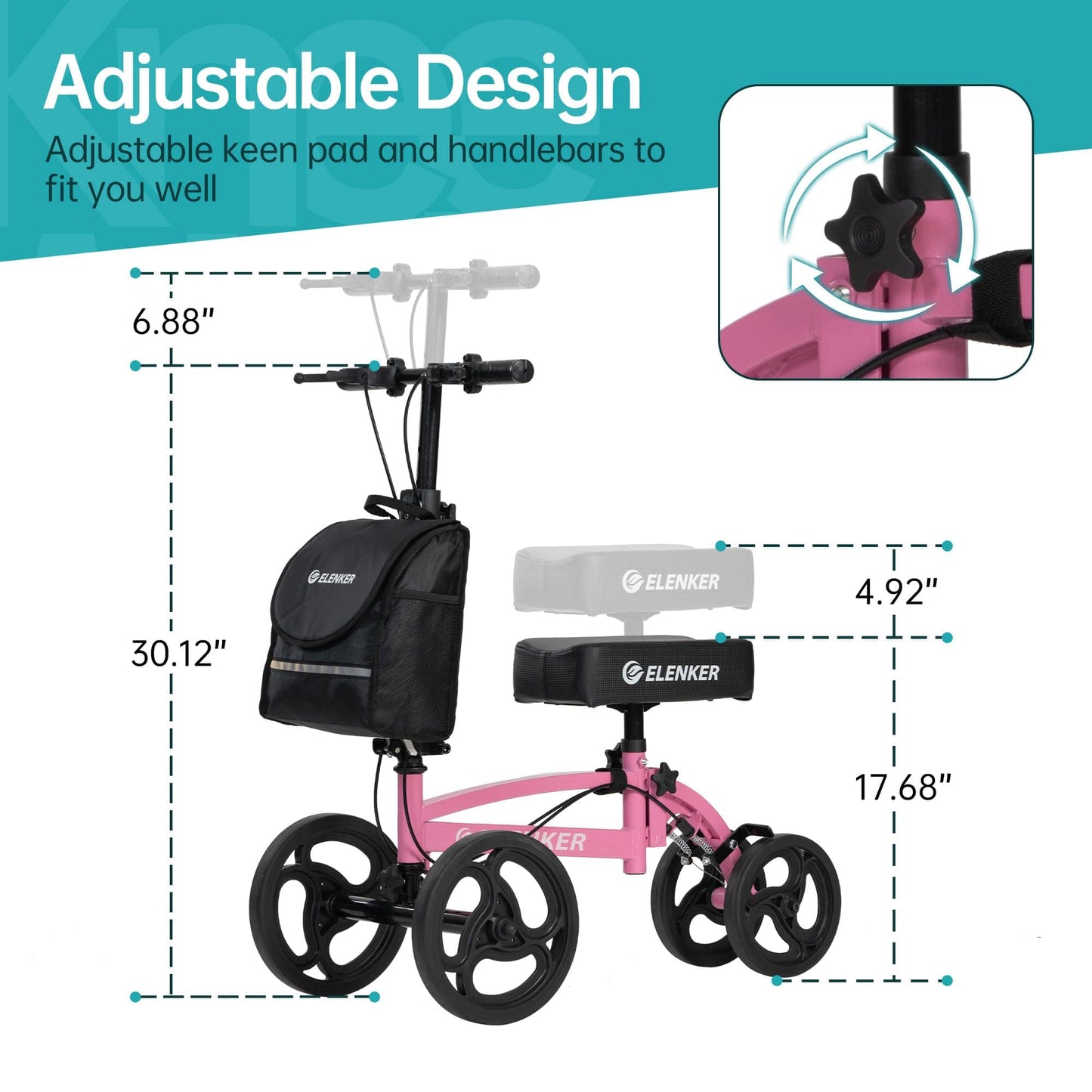 YF-9010A Steerable Knee Scooter, Foldable Knee Walker with Basket Dual Braking System Knee Scooters for or Angle and Injured Foot Broken Pink