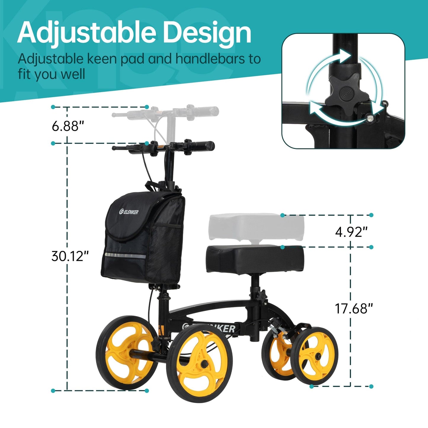 YF-9010A Steerable Knee Scooter, Foldable Knee Walker with Basket Dual Braking System Knee Scooters for or Angle and Injured Foot Broken Black