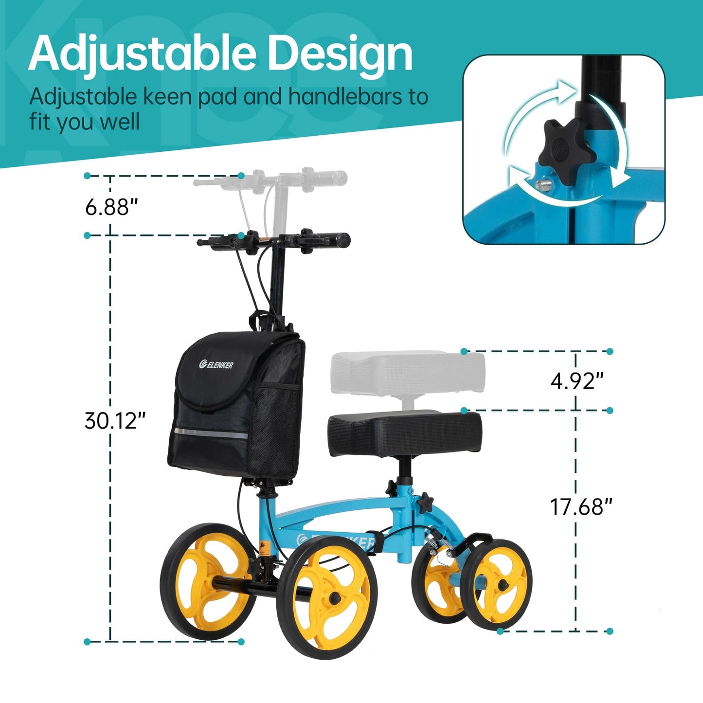 YF-9010A Steerable Knee Scooter, Foldable Knee Walker with Basket Dual Braking System Knee Scooters for or Angle and Injured Foot Broken Blue