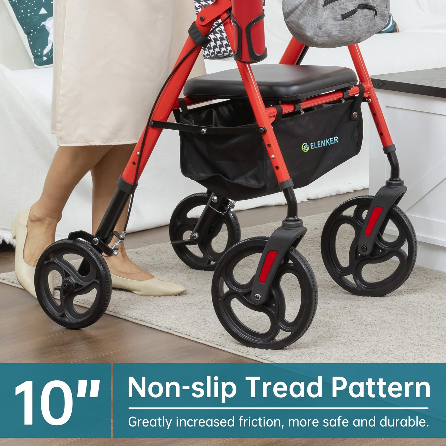 ELENKER® YF-9007C Rollator Walker with Front Pouch, 10”Wheels, Sponge Padded Seat and Backrest, Fully Adjustment Frame for Seniors, Red