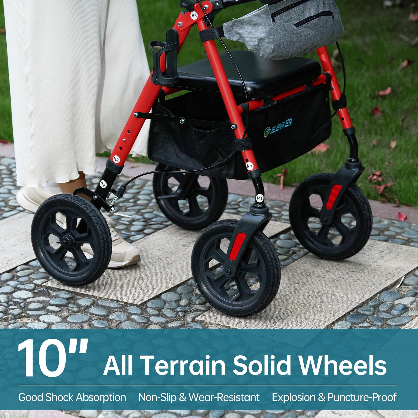 ELENKER All Terrain Upright Rollator Walker with Seat, Foldable Stand Up Walkers for Seniors with Armrest, Front Pouch, 10” Wheels, Fully Adjustment Frame