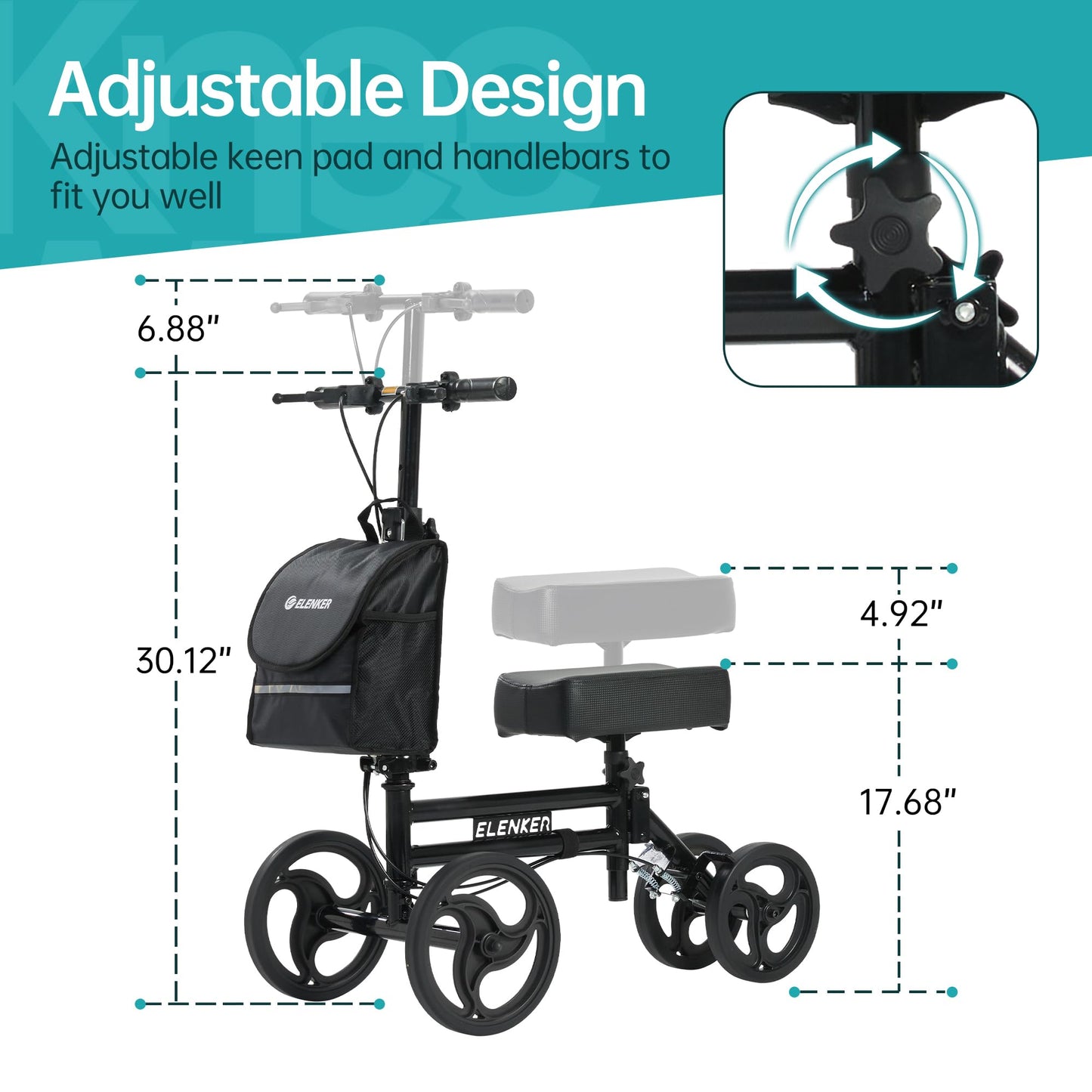 Elenker Knee Scooter with Basket Dual Braking System for Ankle and Foot Injured Bright Black