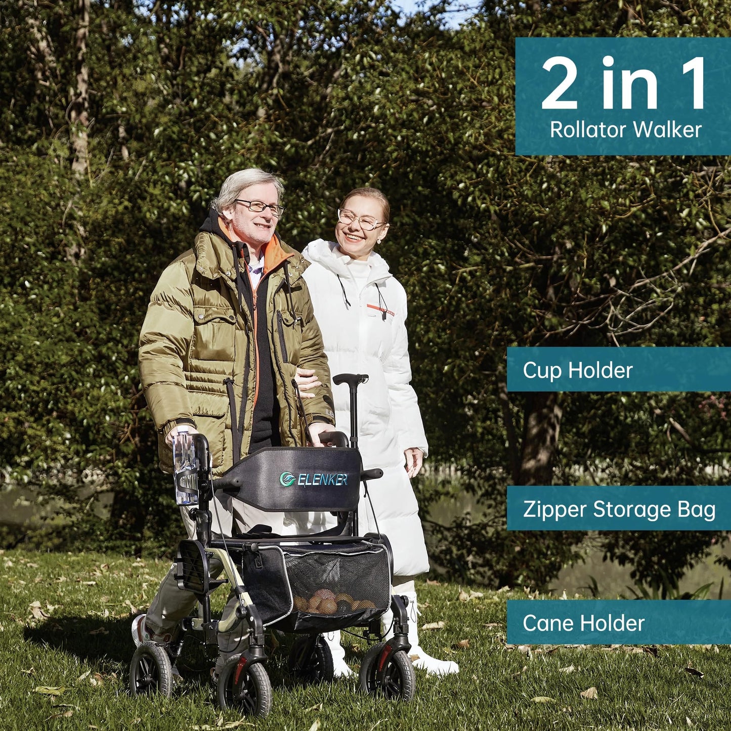ELENKER® KLD-9224 All-Terrain 2 in 1 Rollator Walker & Transport Chair, Folding Wheelchair with 10in Non-Pneumatic Wheels for Seniors, Reversible Backrest & Detachable Footrests NEW