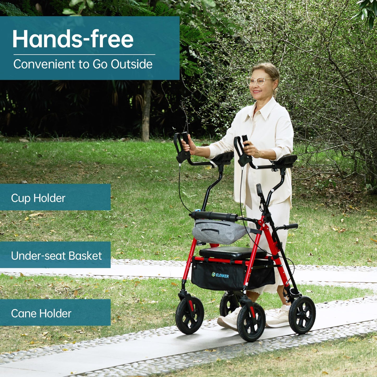 ELENKER All Terrain Upright Rollator Walker with Seat, Foldable Stand Up Walkers for Seniors with Armrest, Front Pouch, 10” Wheels, Fully Adjustment Frame