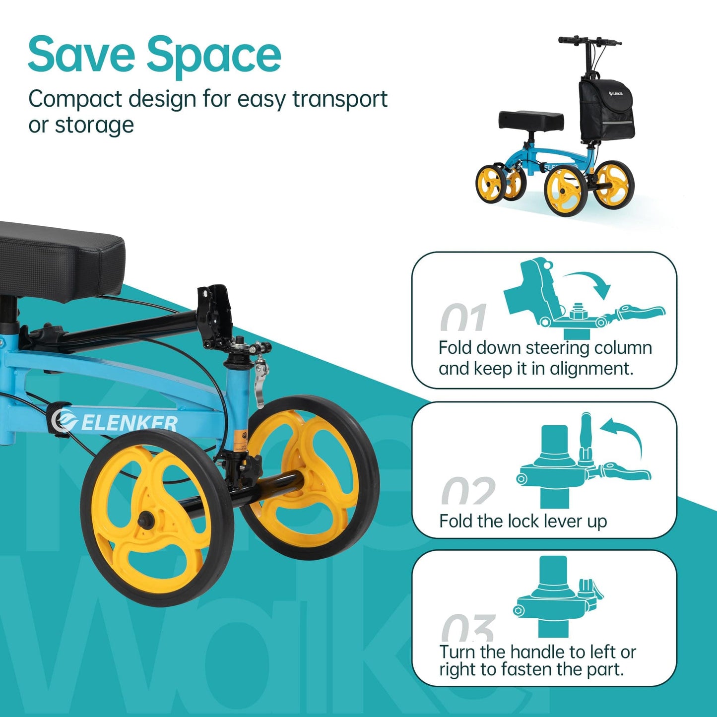 YF-9010A Steerable Knee Scooter, Foldable Knee Walker with Basket Dual Braking System Knee Scooters for or Angle and Injured Foot Broken Blue
