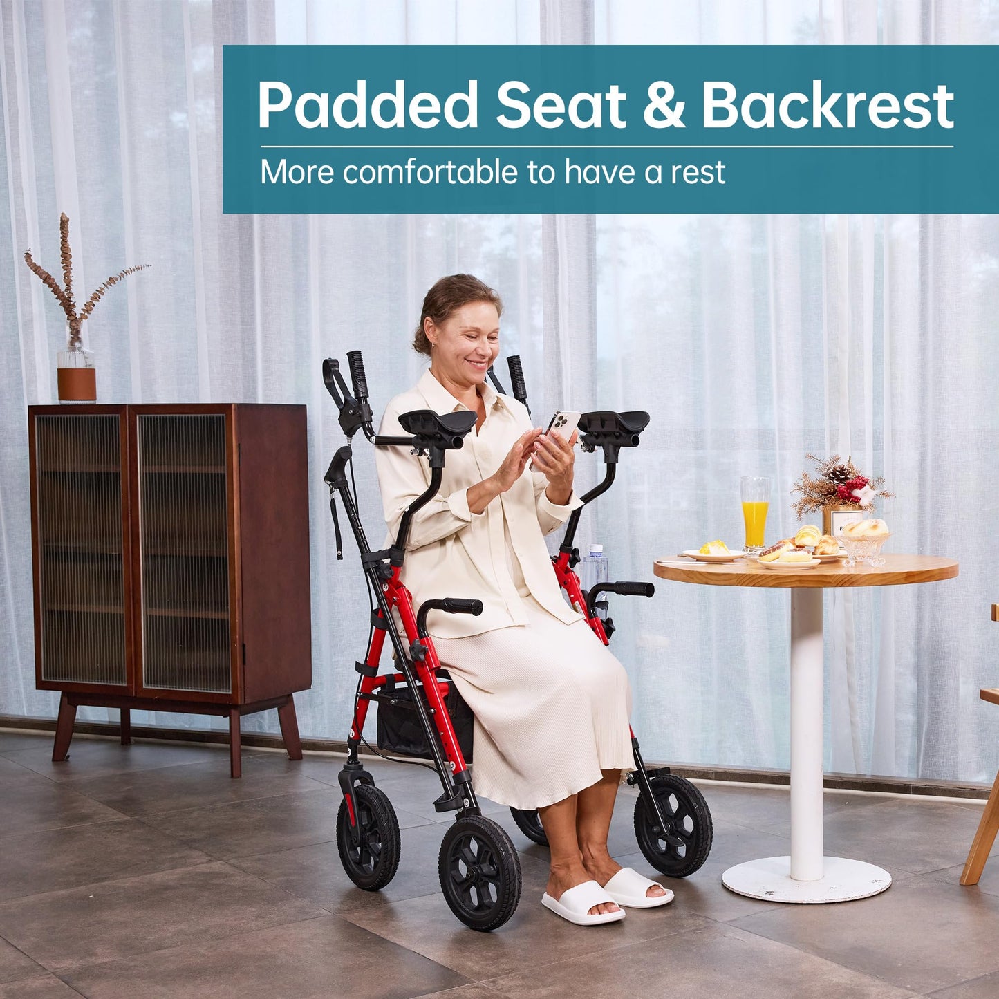 ELENKER All Terrain Upright Rollator Walker with Seat, Foldable Stand Up Walkers for Seniors with Armrest, Front Pouch, 10” Wheels, Fully Adjustment Frame