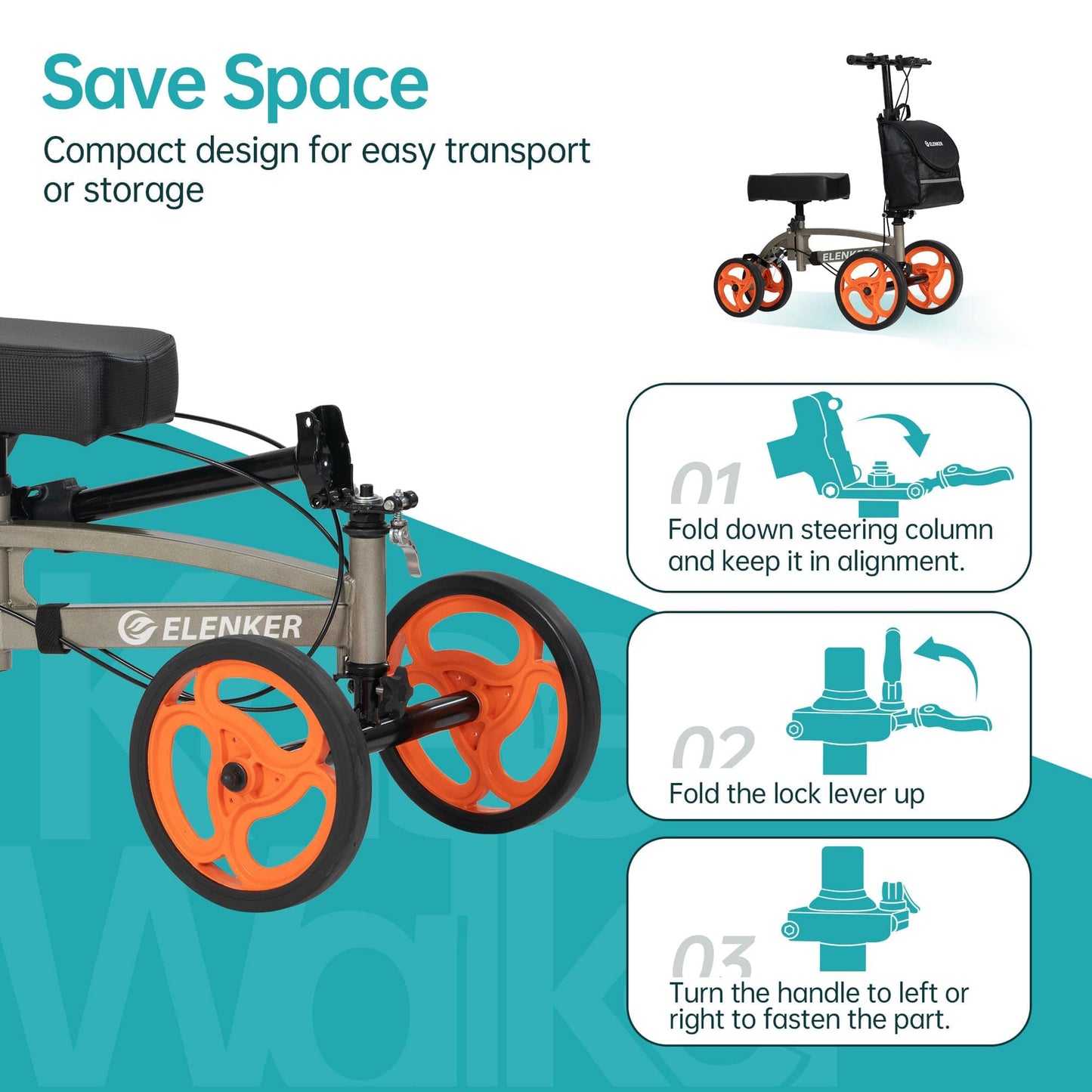 YF-9010A Steerable Knee Scooter, Foldable Knee Walker with Basket Dual Braking System Knee Scooters for or Angle and Injured Foot Broken Champagne