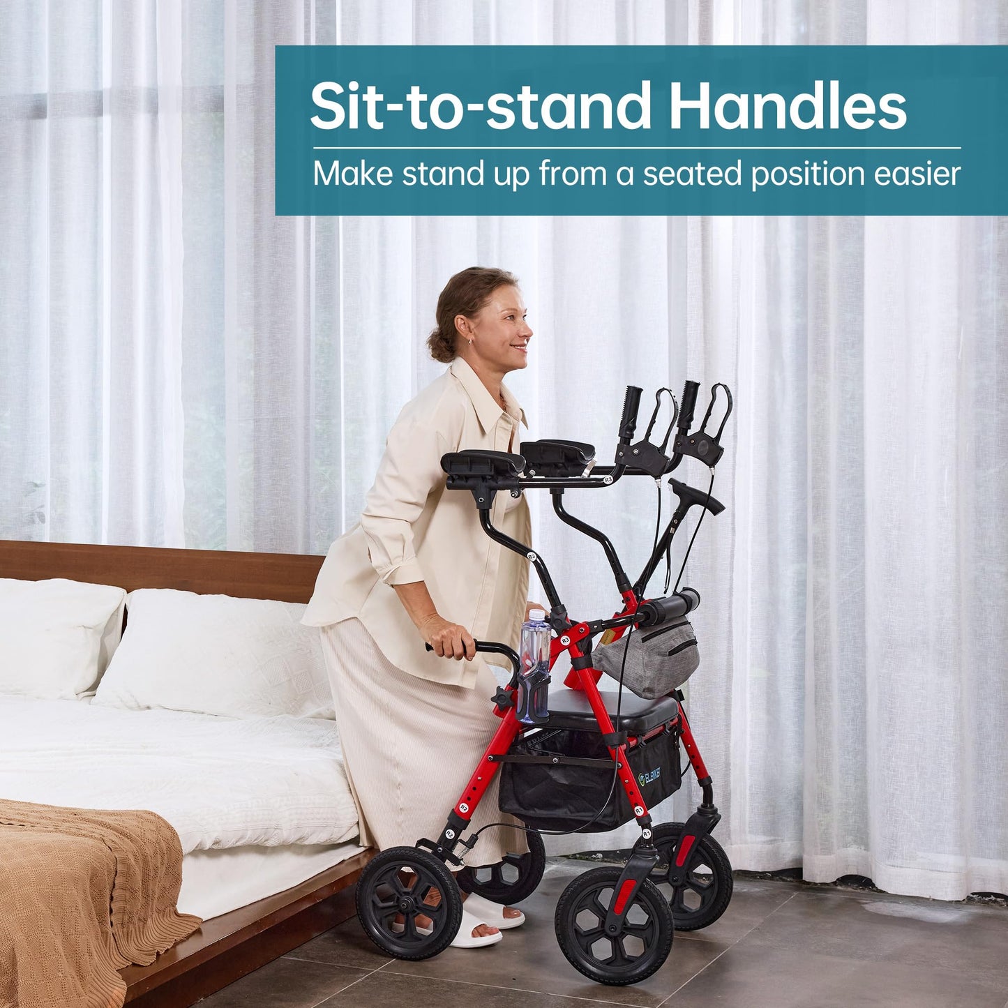 ELENKER All Terrain Upright Rollator Walker with Seat, Foldable Stand Up Walkers for Seniors with Armrest, Front Pouch, 10” Wheels, Fully Adjustment Frame