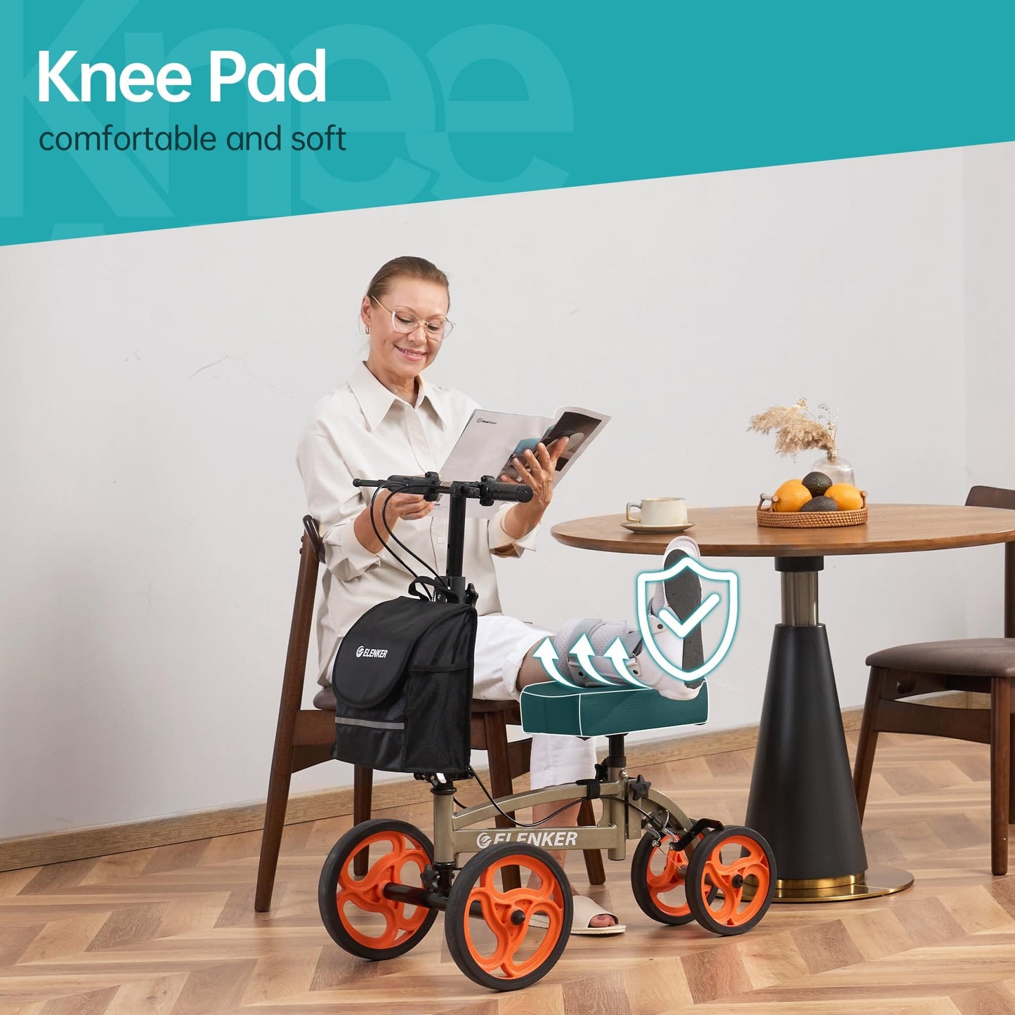 YF-9010A Steerable Knee Scooter, Foldable Knee Walker with Basket Dual Braking System Knee Scooters for or Angle and Injured Foot Broken Champagne