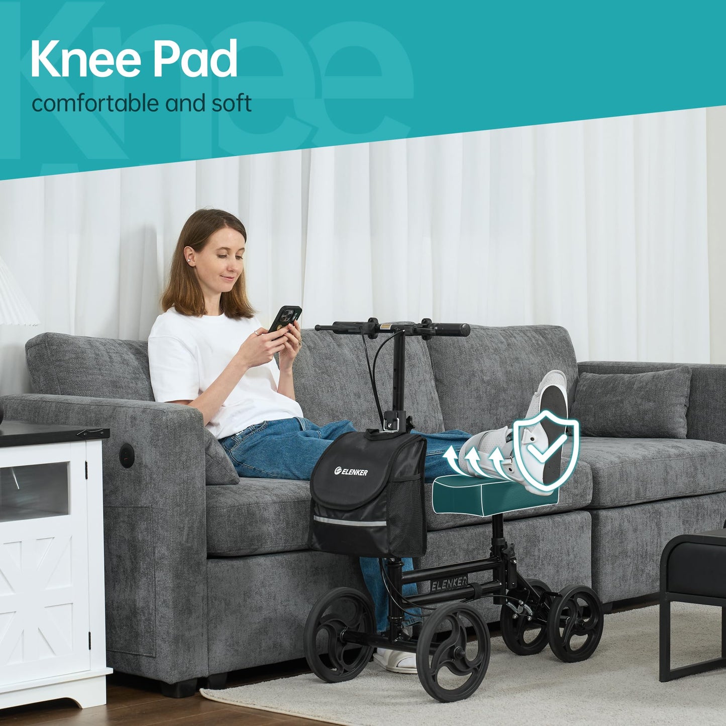 Elenker Knee Scooter with Basket Dual Braking System for Ankle and Foot Injured Bright Black