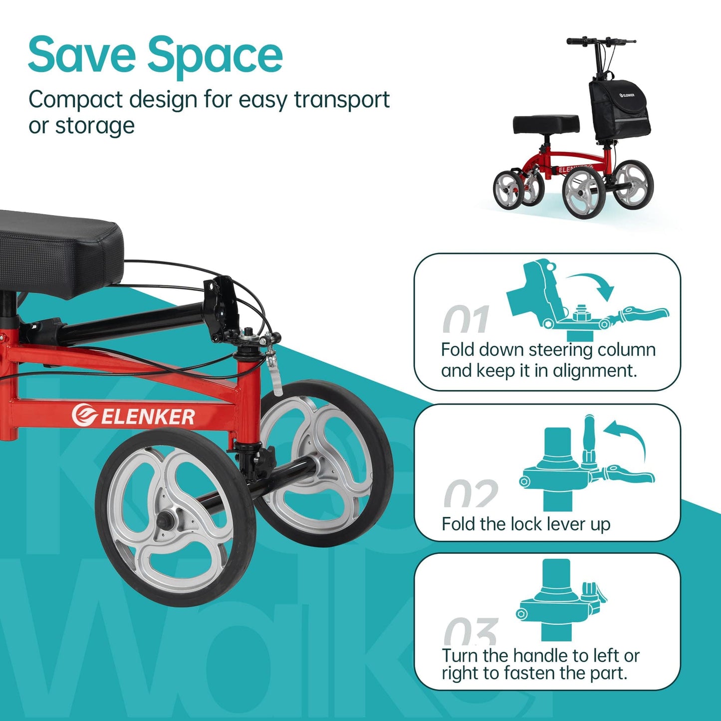 YF-9010A Steerable Knee Scooter, Foldable Knee Walker with Basket Dual Braking System Knee Scooters for or Angle and Injured Foot Broken Red