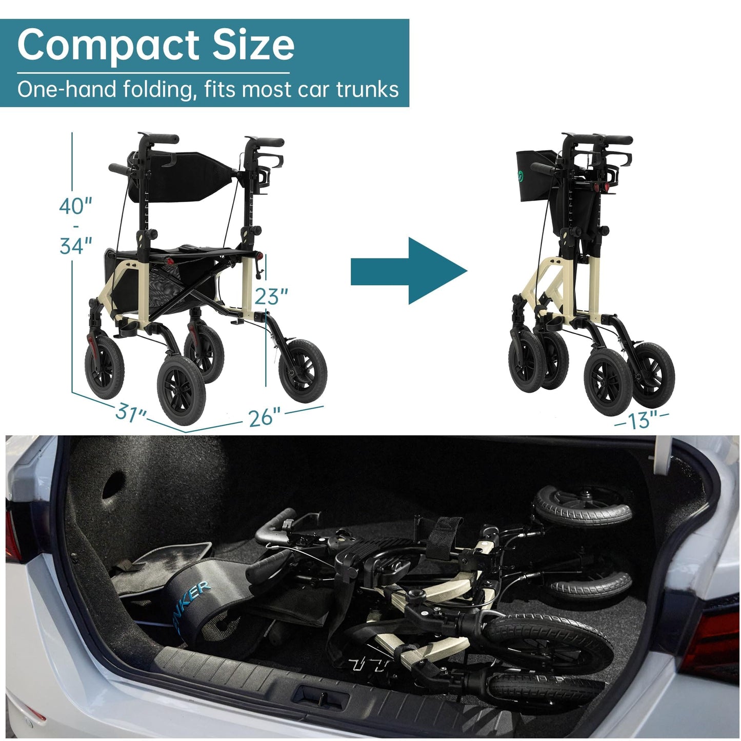 ELENKER® KLD-9224 All-Terrain 2 in 1 Rollator Walker & Transport Chair, Folding Wheelchair with 10in Non-Pneumatic Wheels for Seniors, Reversible Backrest & Detachable Footrests NEW