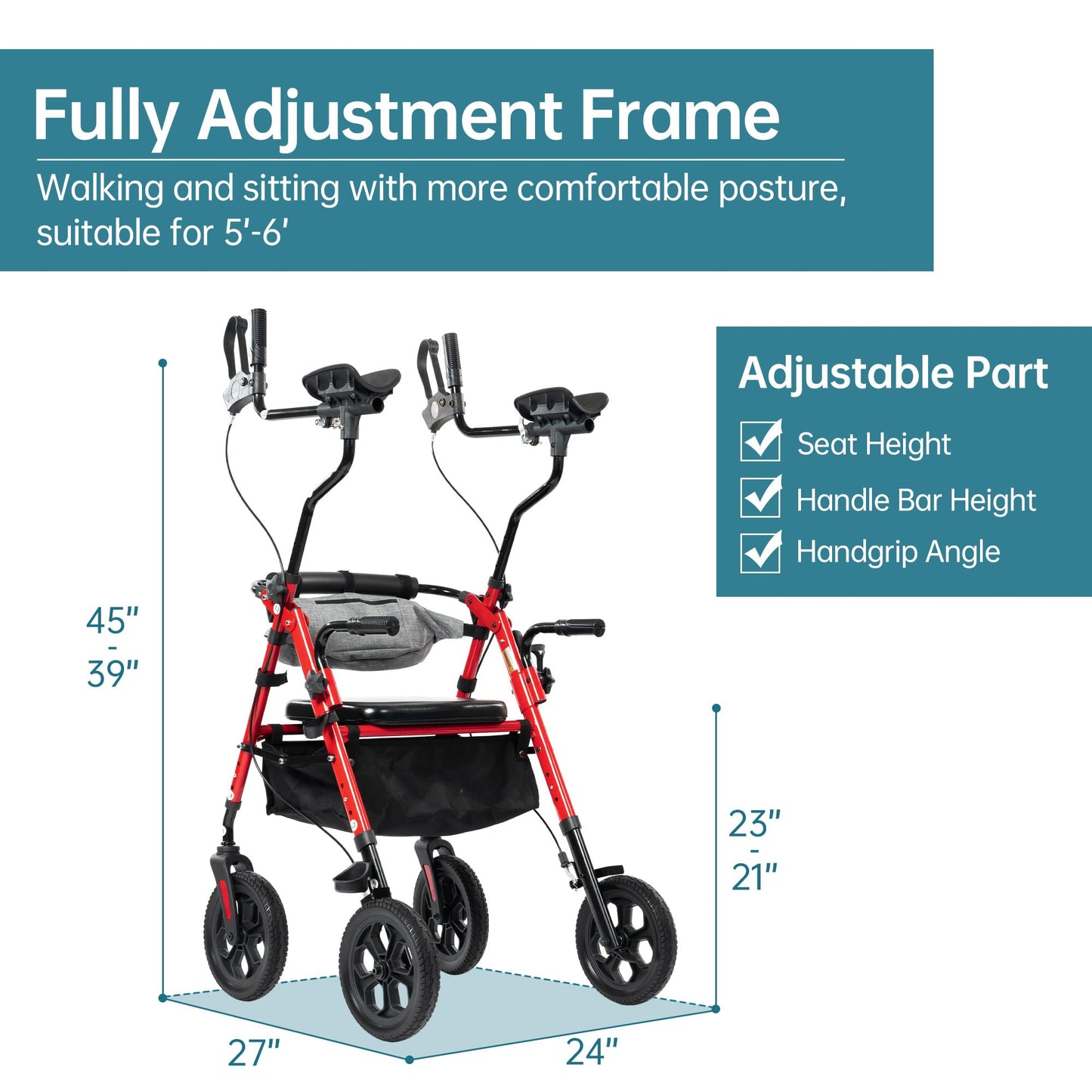 ELENKER All Terrain Upright Rollator Walker with Seat, Foldable Stand Up Walkers for Seniors with Armrest, Front Pouch, 10” Wheels, Fully Adjustment Frame