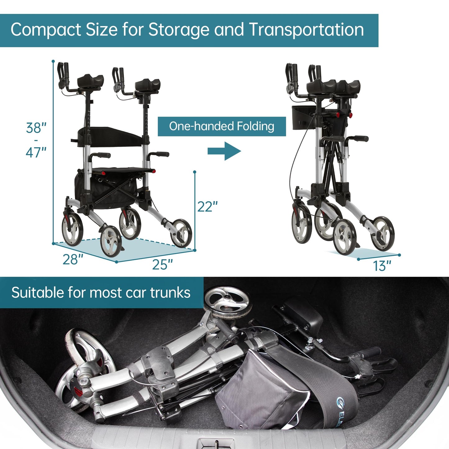 ELENKER Upright Walker, Stand Up Folding Rollator Walker with 10” Front Wheels Backrest Seat and Padded Armrests for Seniors and Adults, Silver