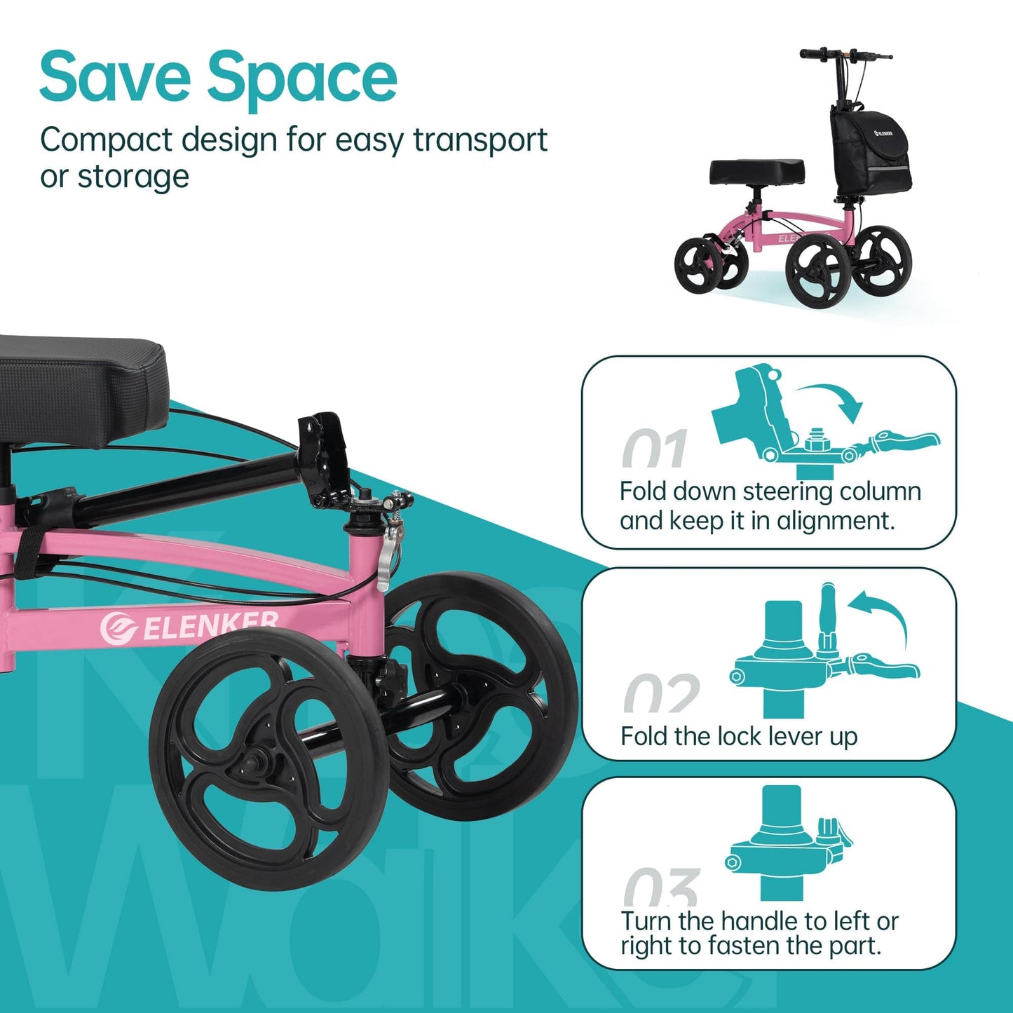 YF-9010A Steerable Knee Scooter, Foldable Knee Walker with Basket Dual Braking System Knee Scooters for or Angle and Injured Foot Broken Pink