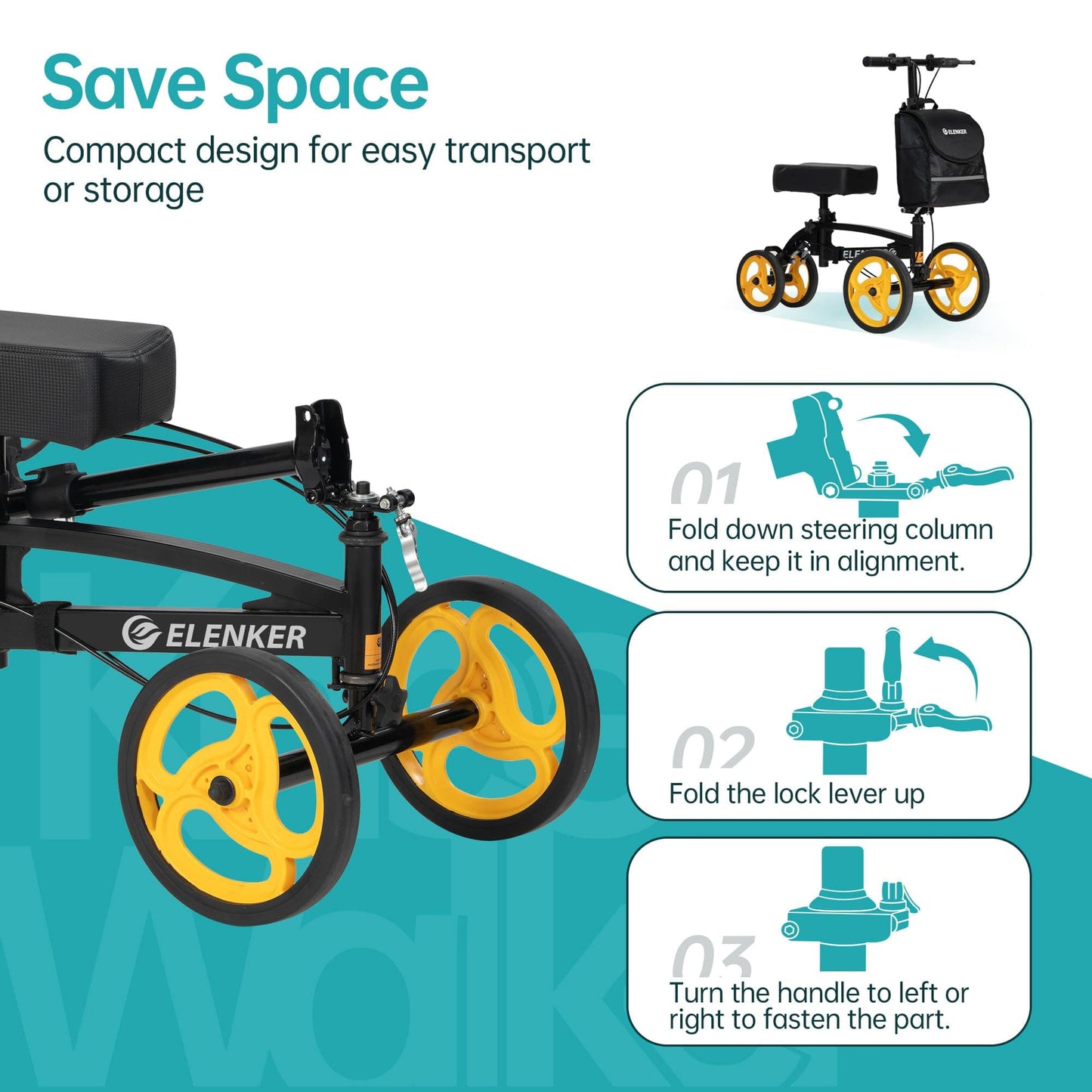 YF-9010A Steerable Knee Scooter, Foldable Knee Walker with Basket Dual Braking System Knee Scooters for or Angle and Injured Foot Broken Black